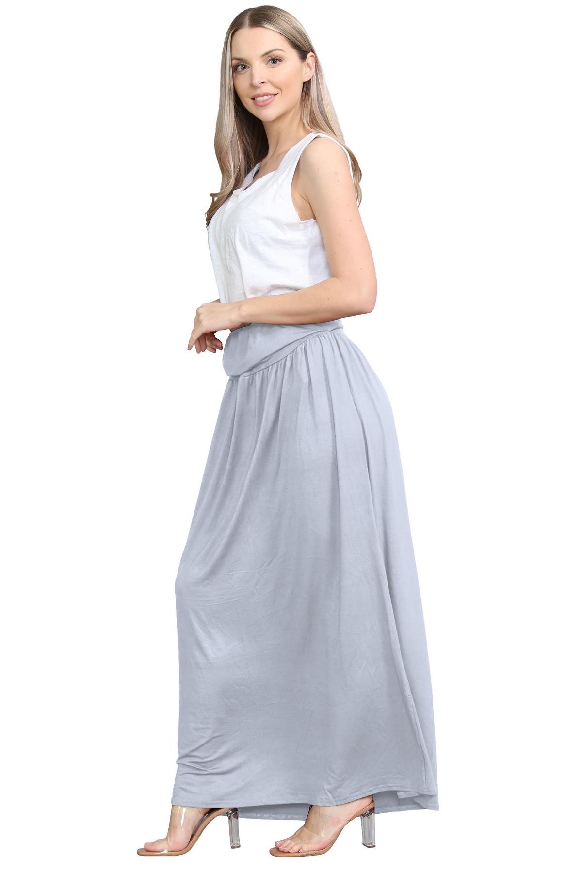 Womens Fold Over Maxi Skirt Plain Pleated Waist Jersey Summer Gypsy Long Skirt - Picture 24 of 68