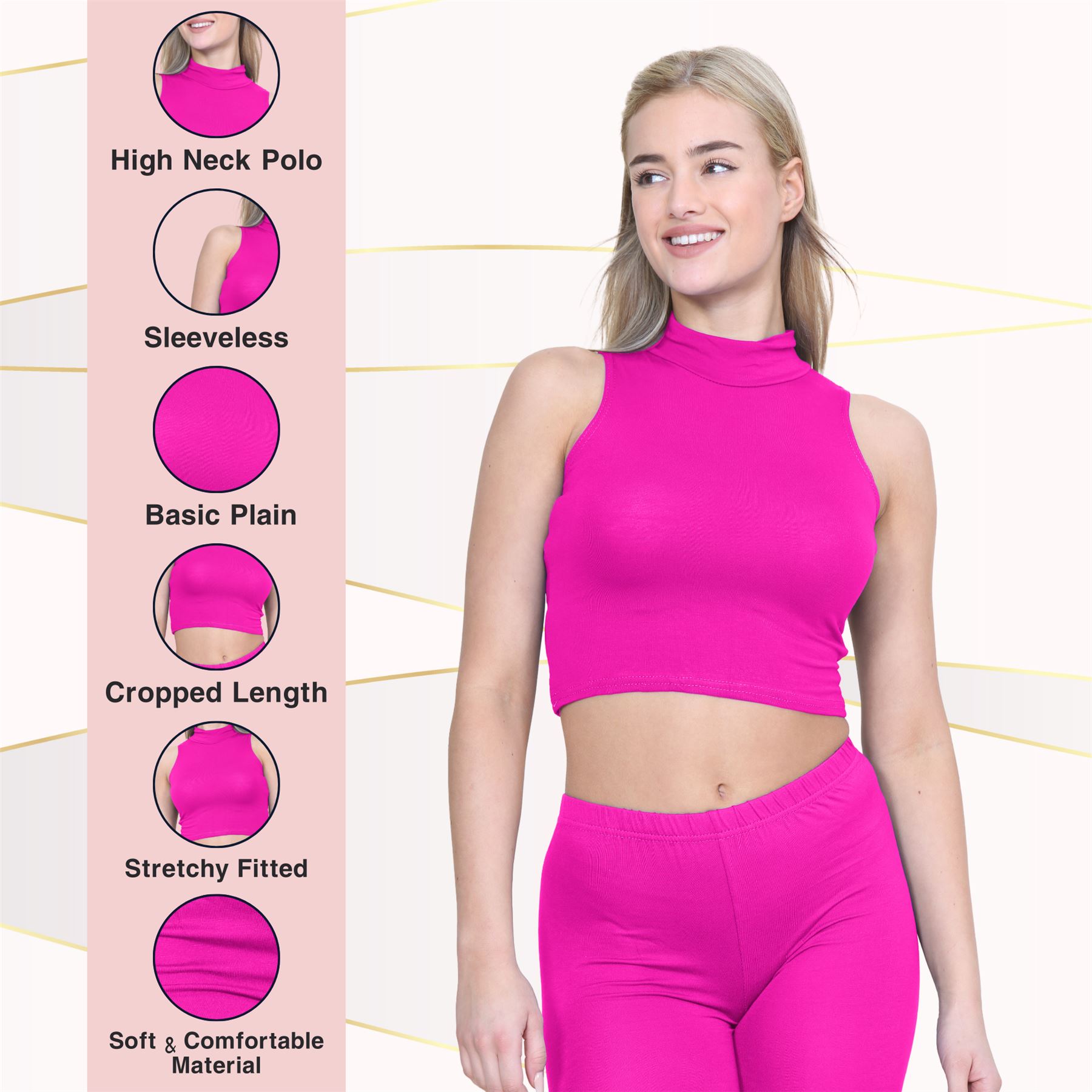 Womens Sleeveless Crop Top Ladies High Turtle Neck Plain Stretchy T-Shirt Vest - Picture 94 of 165