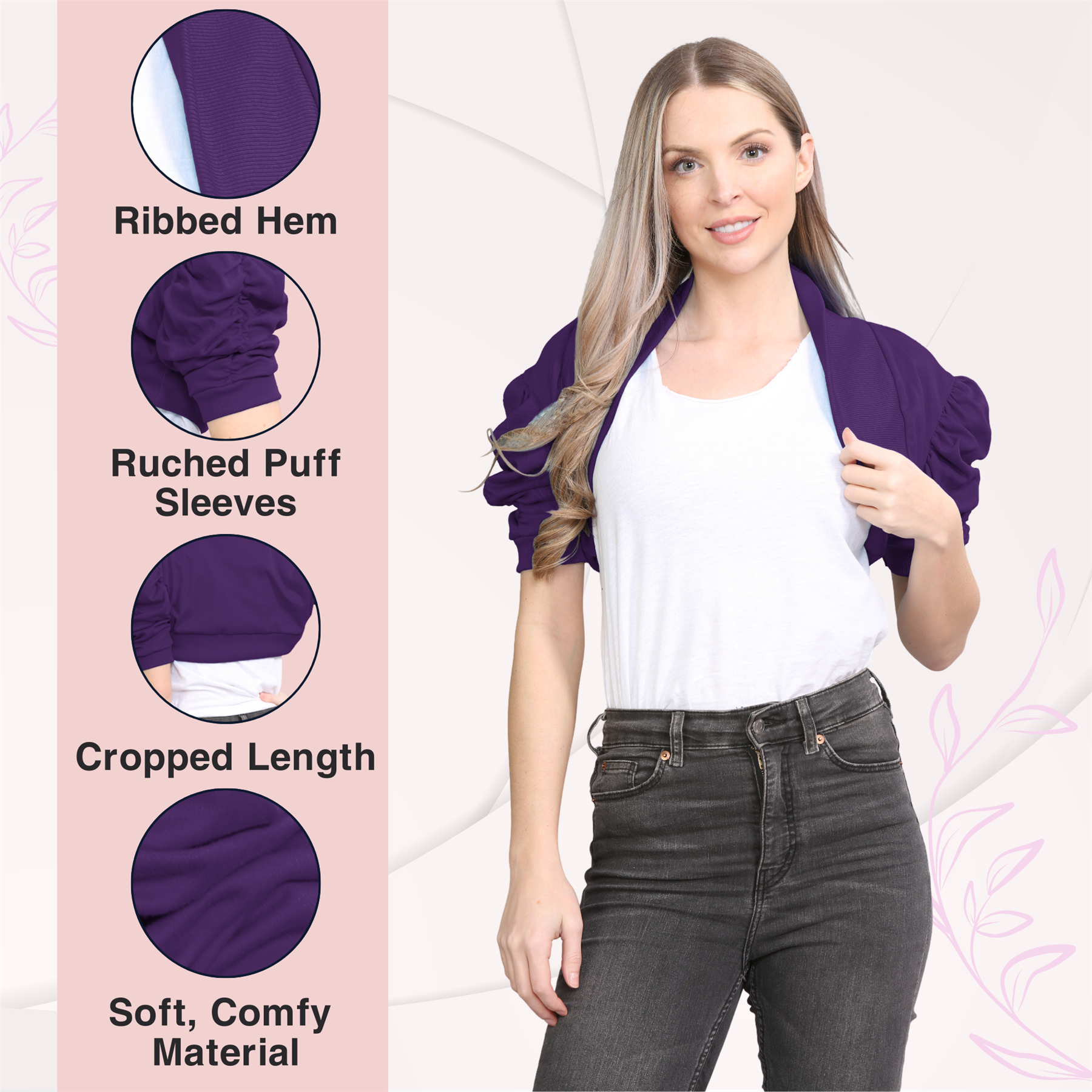 Womens Bolero Shrug Ruched Puff Sleeves Plain Open Cardigan Soft Cotton Crop Top - Picture 73 of 100