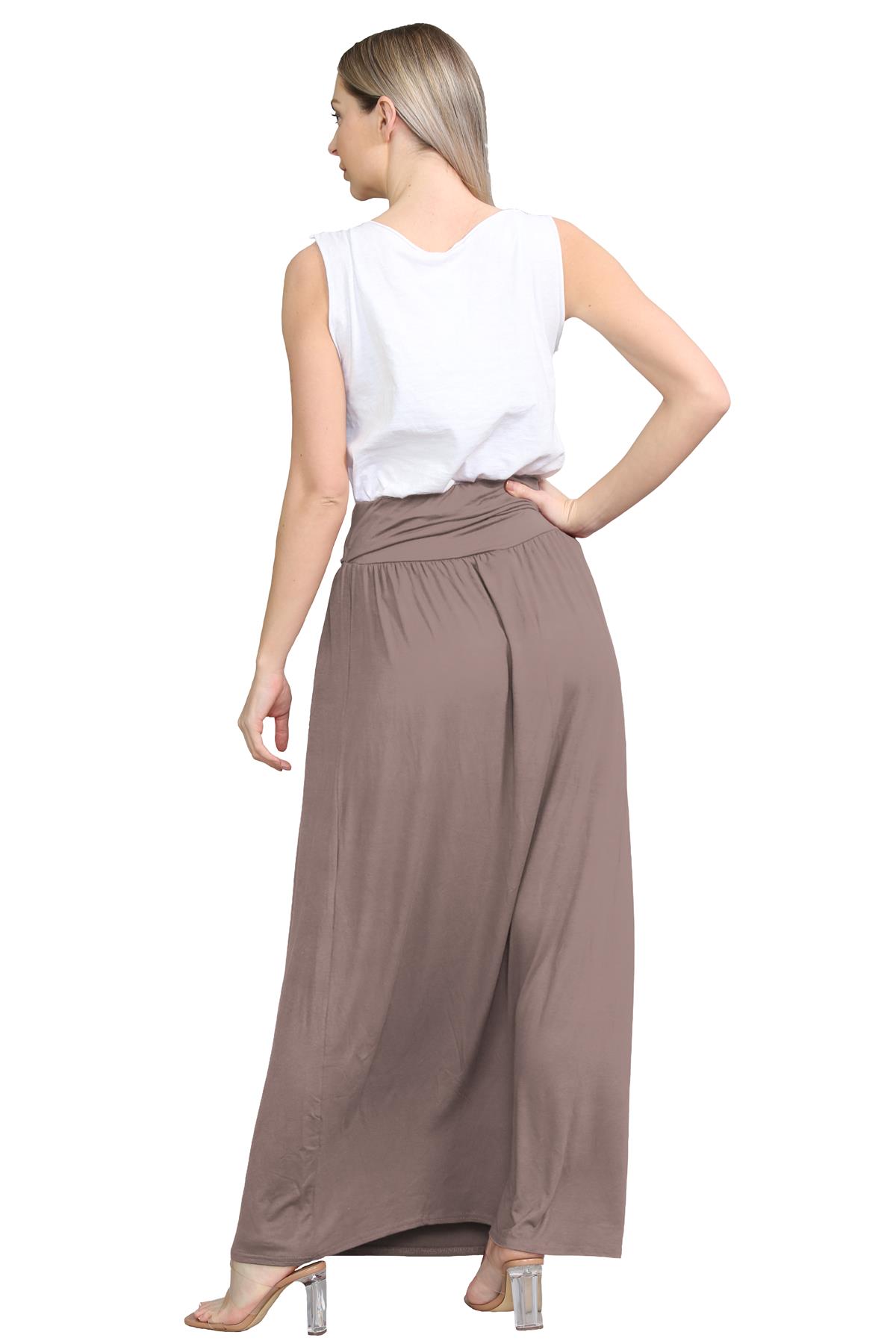 Womens Fold Over Maxi Skirt Plain Pleated Waist Jersey Summer Gypsy Long Skirt - Picture 33 of 68