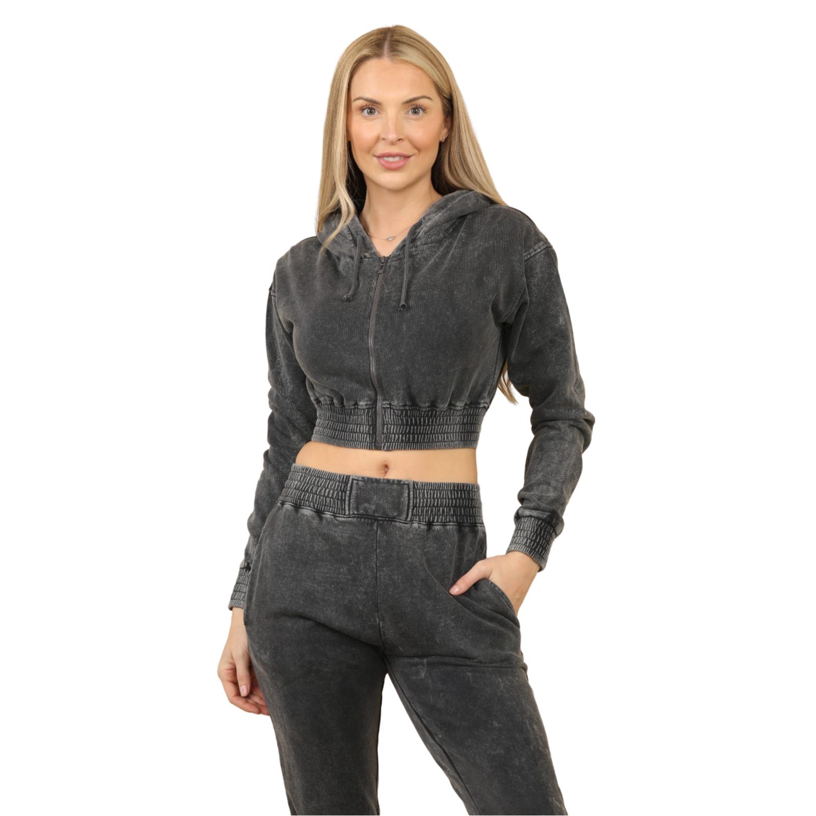 Womens Acid Wash Cropped Zip Hoodie Fleece Joggers Tracksuit 2Pcs Loungewear Set - Picture 17 of 24
