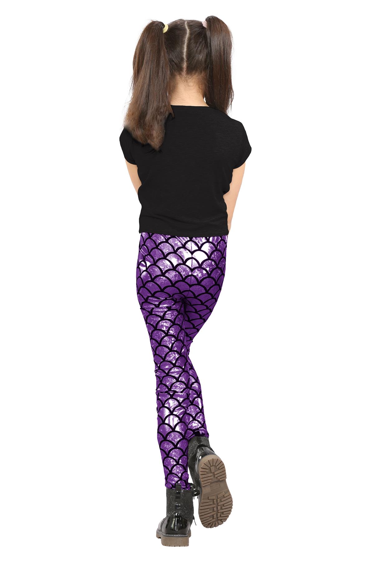 Girls Mermaid Leggings Kids Fish Scale Disco Skinny Shiny Metallic Trouser Pants - Picture 29 of 57