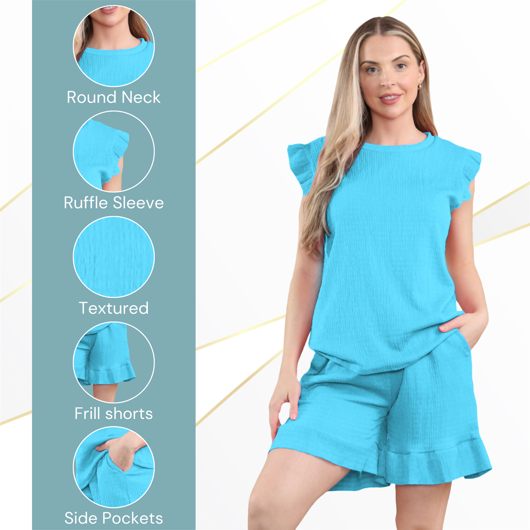 Conjunto corto de 2 piezas italiano para mujer conjunto de ropa de salón de verano con volantes sin mangas - Imagen 59 de 61
