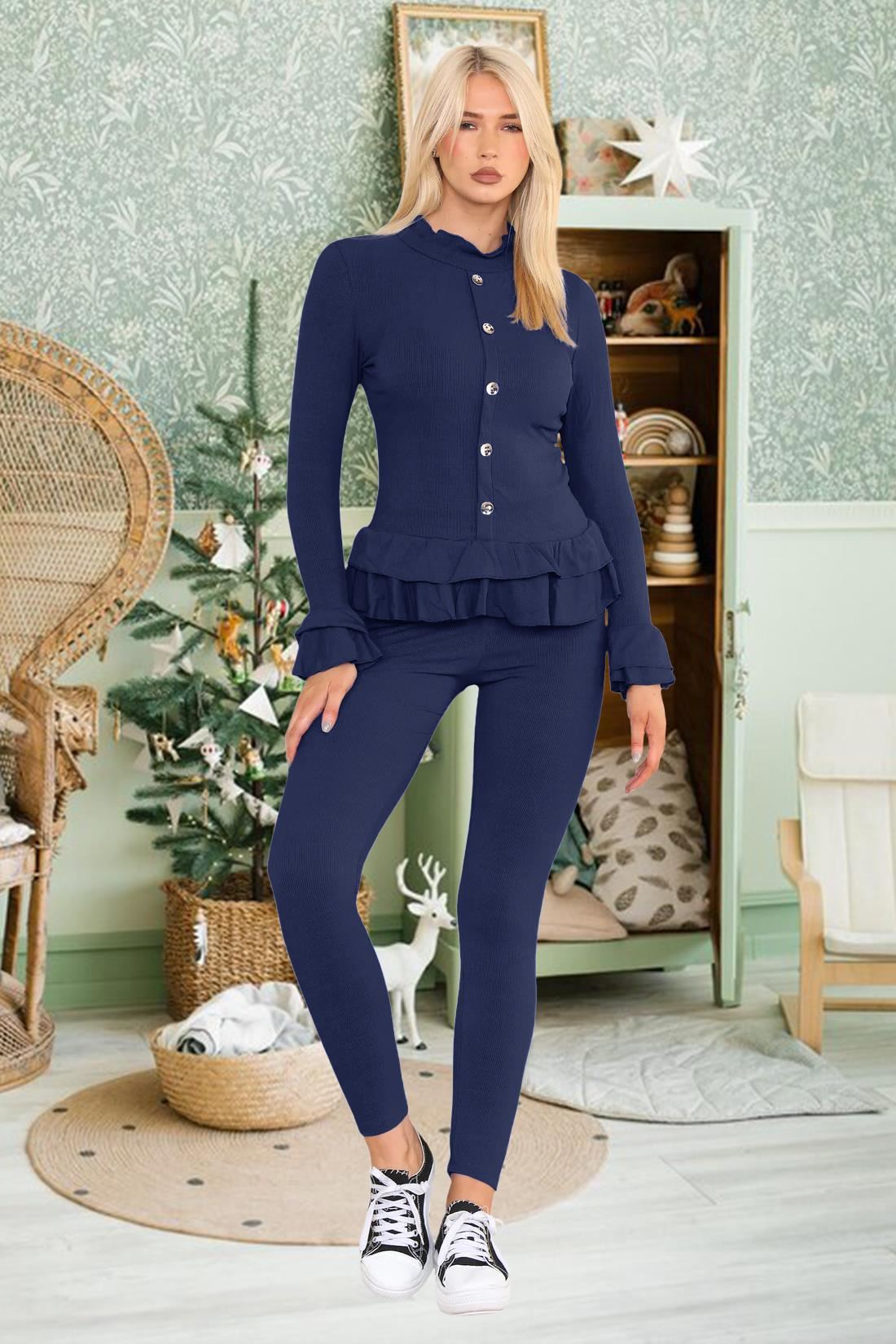 Damas Juego de 2 piezas de ropa de salón con botones peplum manga larga - Imagen 7 de 55