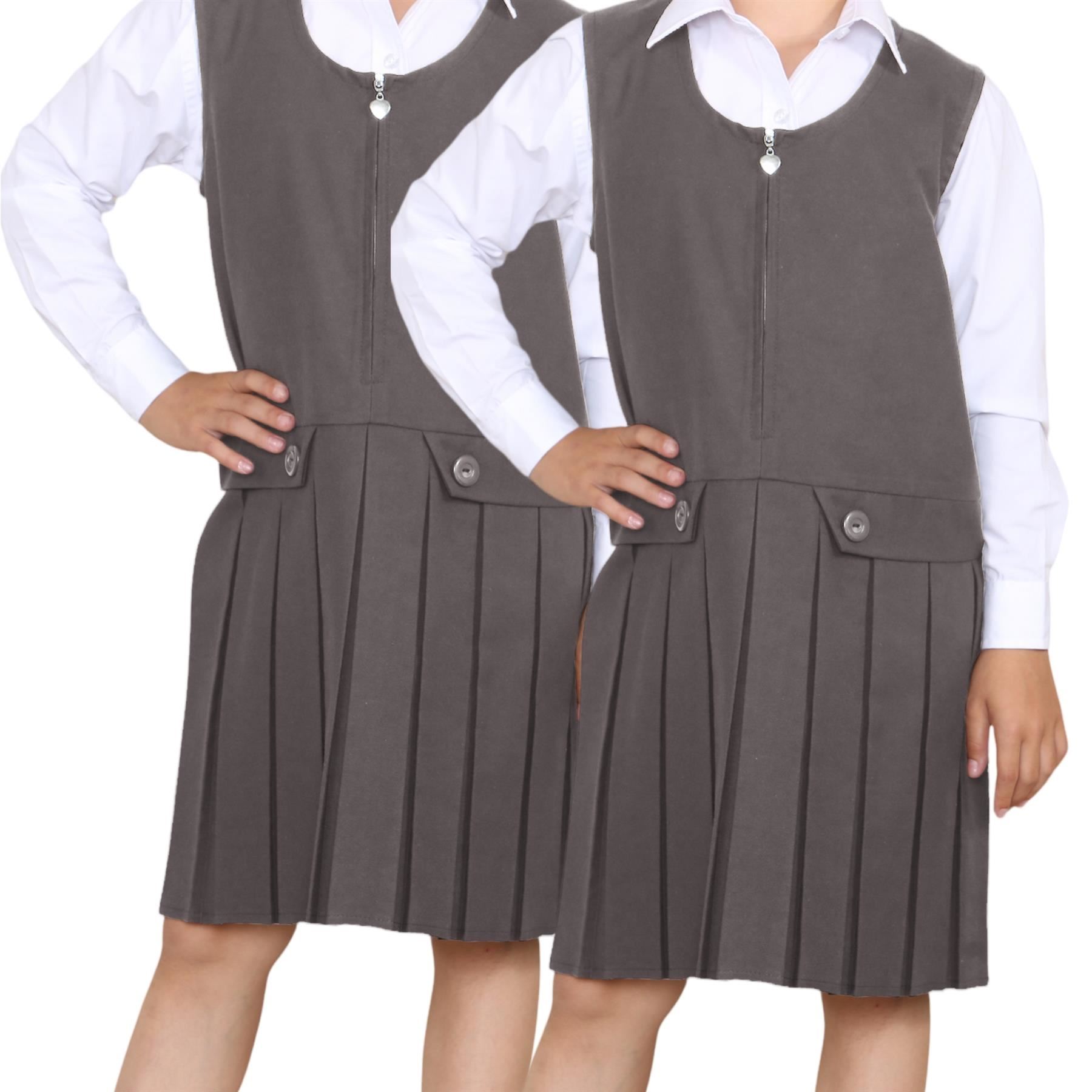 Niñas Delantal Vestido Caja Plisada Dos Botones Frontal Cremallera Uniforme Escolar Paquete de 2 - Imagen 10 de 23