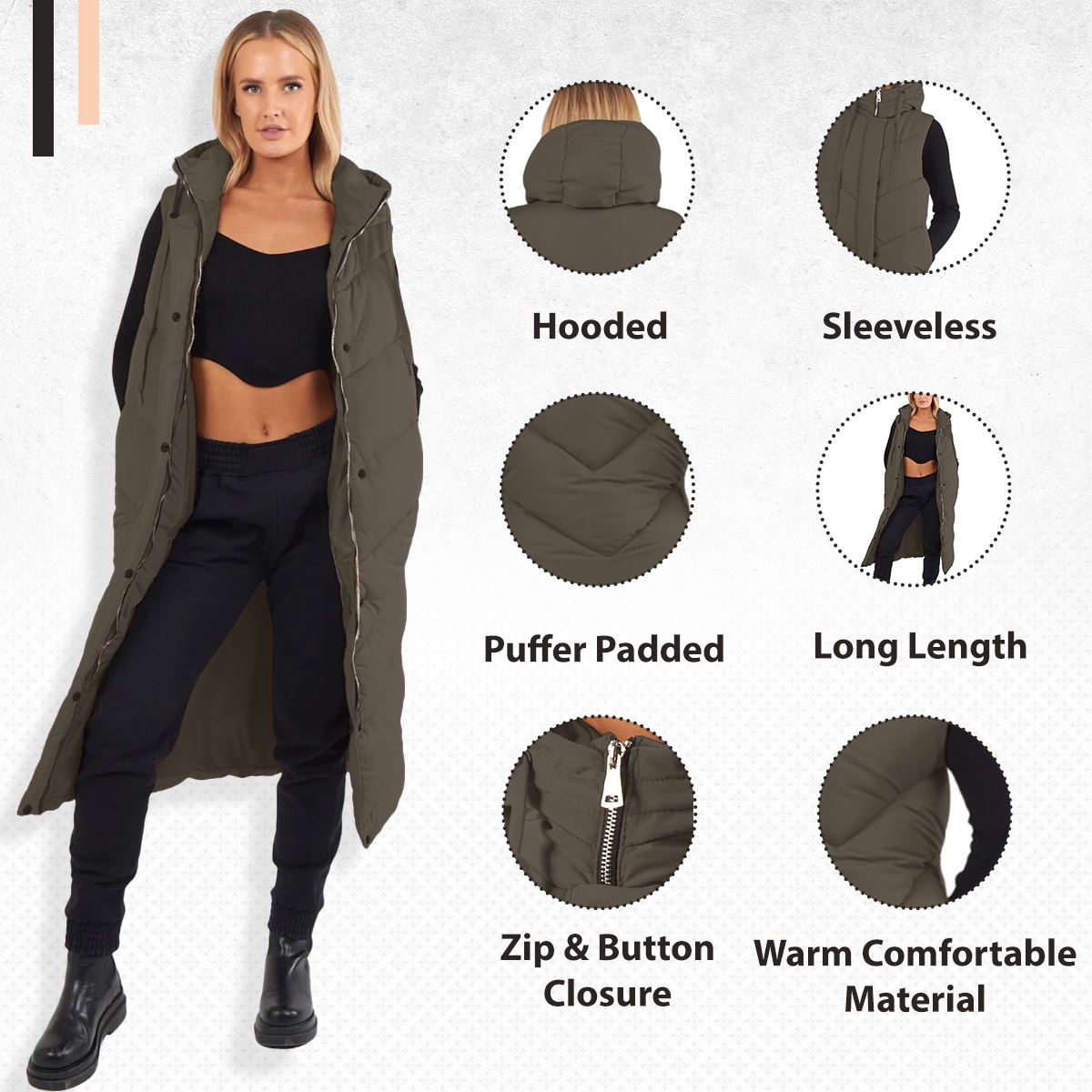 Abrigo de invierno largo acolchado sin mangas calentador de cuerpo con capucha con cremallera larga para mujer - Imagen 26 de 33
