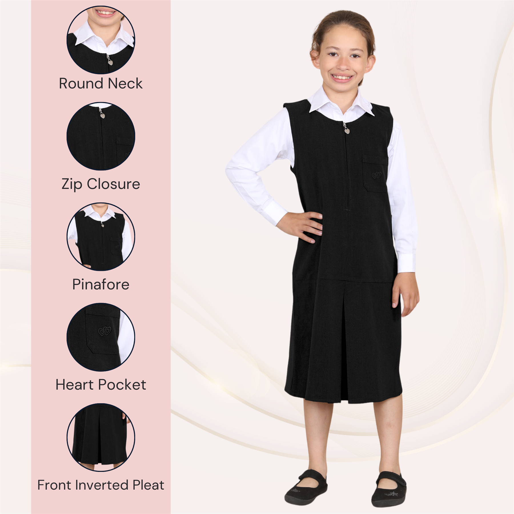 Niñas Vestido Delantal Corazón Bolsillo Plisado Cremallera Uniforme Escolar Vestido Paquete de 2 - Imagen 7 de 25