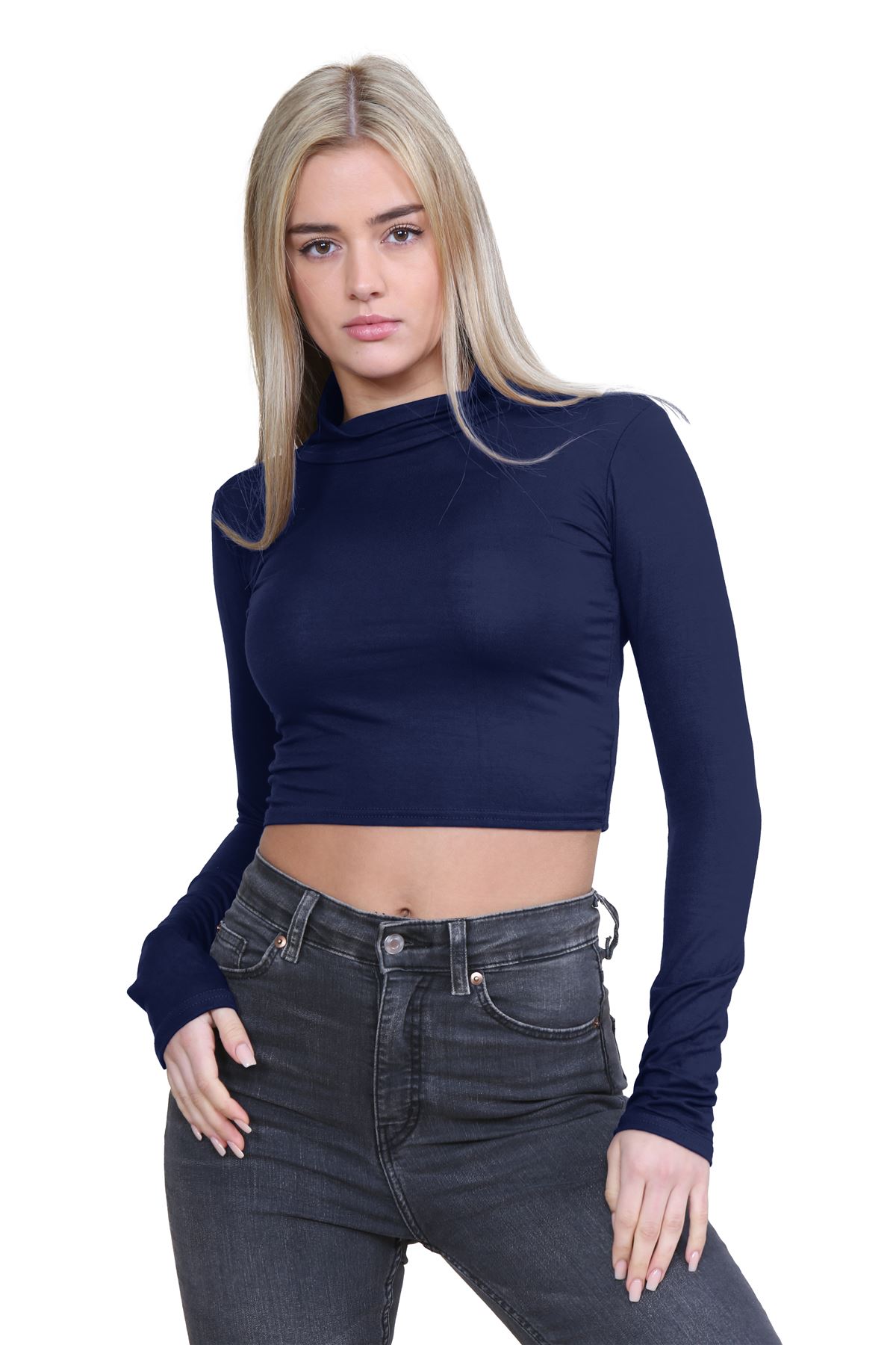 Turtle Neck Crop Top Womens Plain Long Sleeve Stretchy Basic Polo Neck T-Shirt - Picture 84 of 129