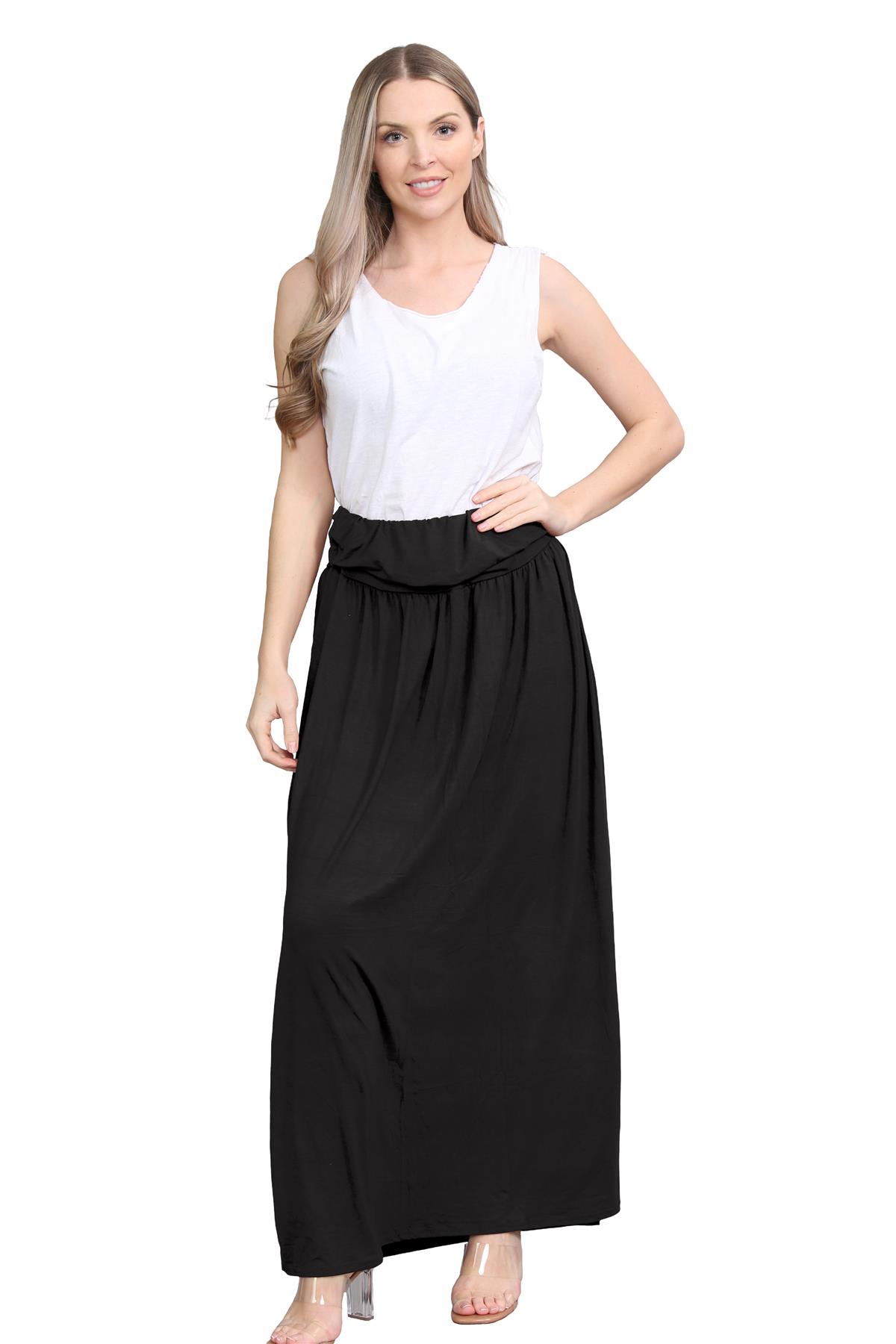 Womens Fold Over Maxi Skirt Plain Pleated Waist Jersey Summer Gypsy Long Skirt - Picture 64 of 68