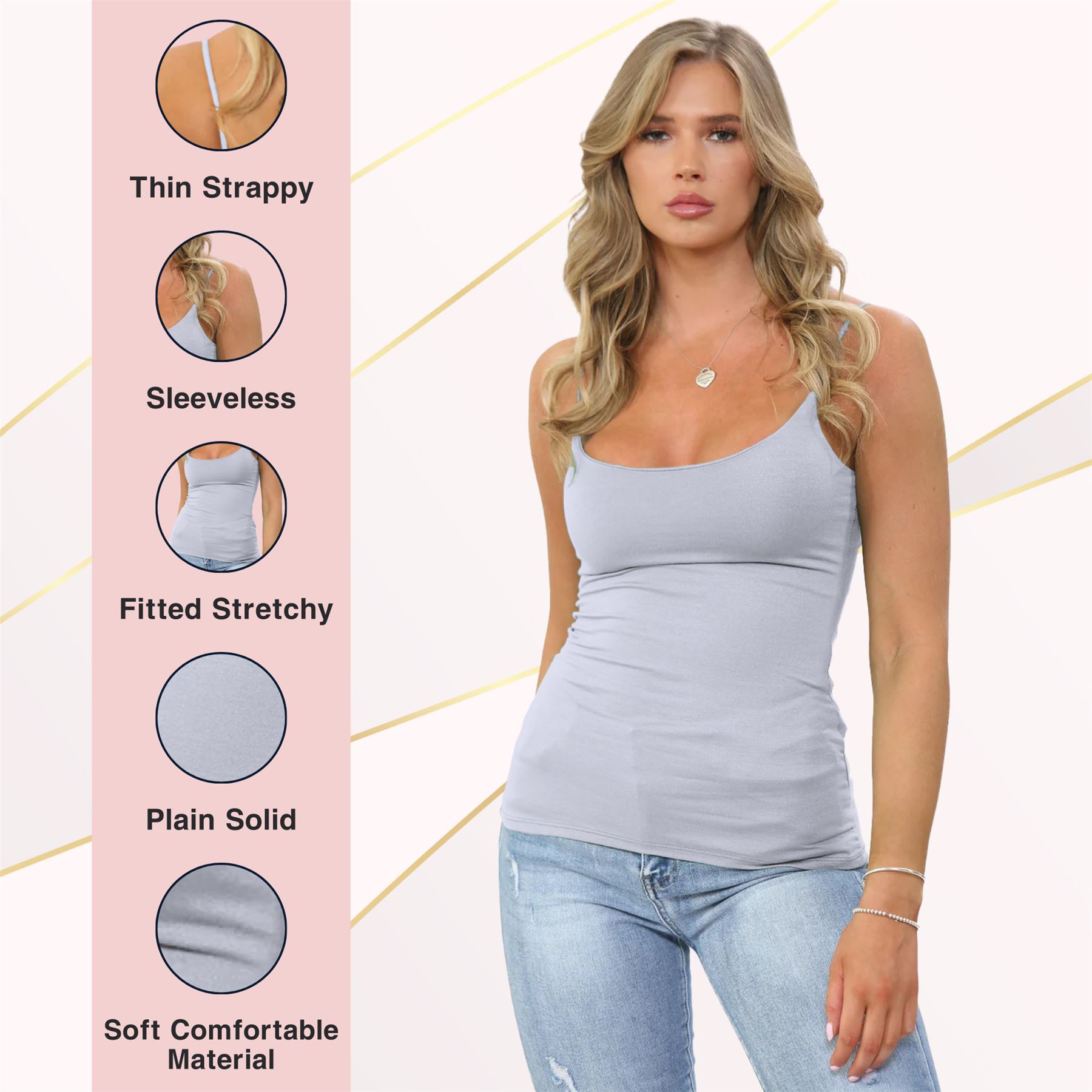 Womens Bodycon Cami Strappy Tank Top Plain Summer Activewear Vest Top, Pack of 3 - Picture 64 of 221