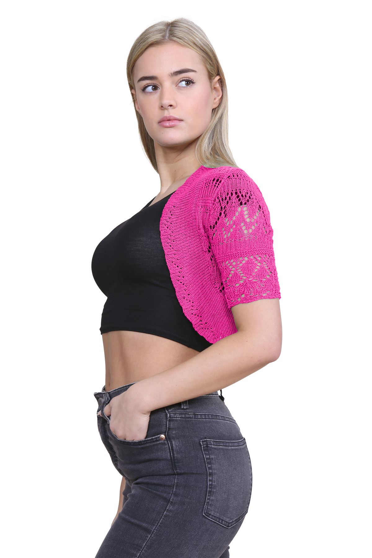 Womens Crochet Knitted Bolero Shrug Short Sleeve Open Front Cardigan Crop Top - Picture 27 of 186