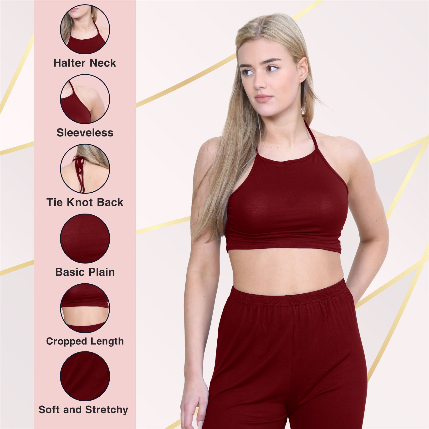Halter Neck Crop Top Womens Vest Top Plain Tie Knot Top Basic Sleeveless T-Shirt - Picture 158 of 170