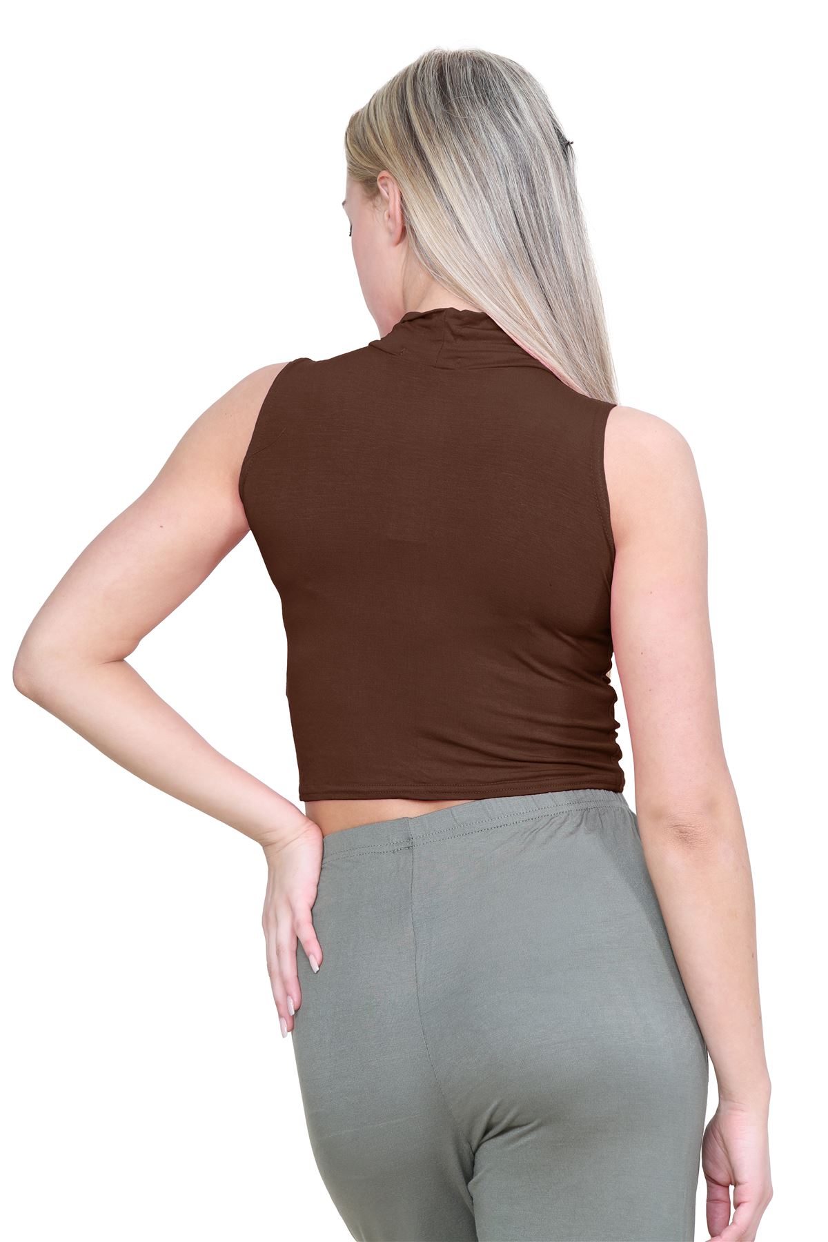 Womens Sleeveless Crop Top Ladies High Turtle Neck Plain Stretchy T-Shirt Vest - Picture 21 of 165