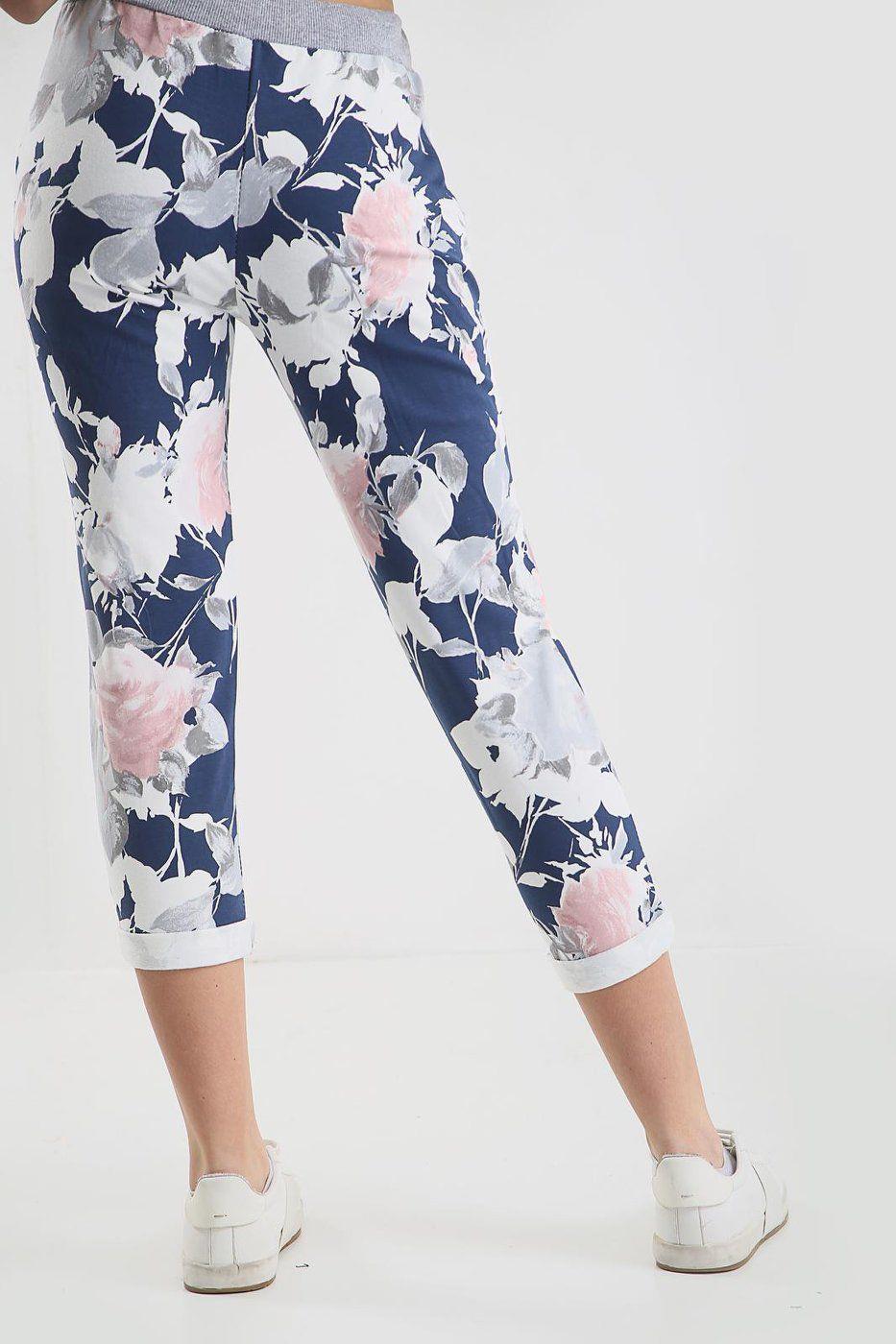 NEW Womens Ladies Floral Rose Printed Turn Up Trousers Summer Beach Trouser Pant