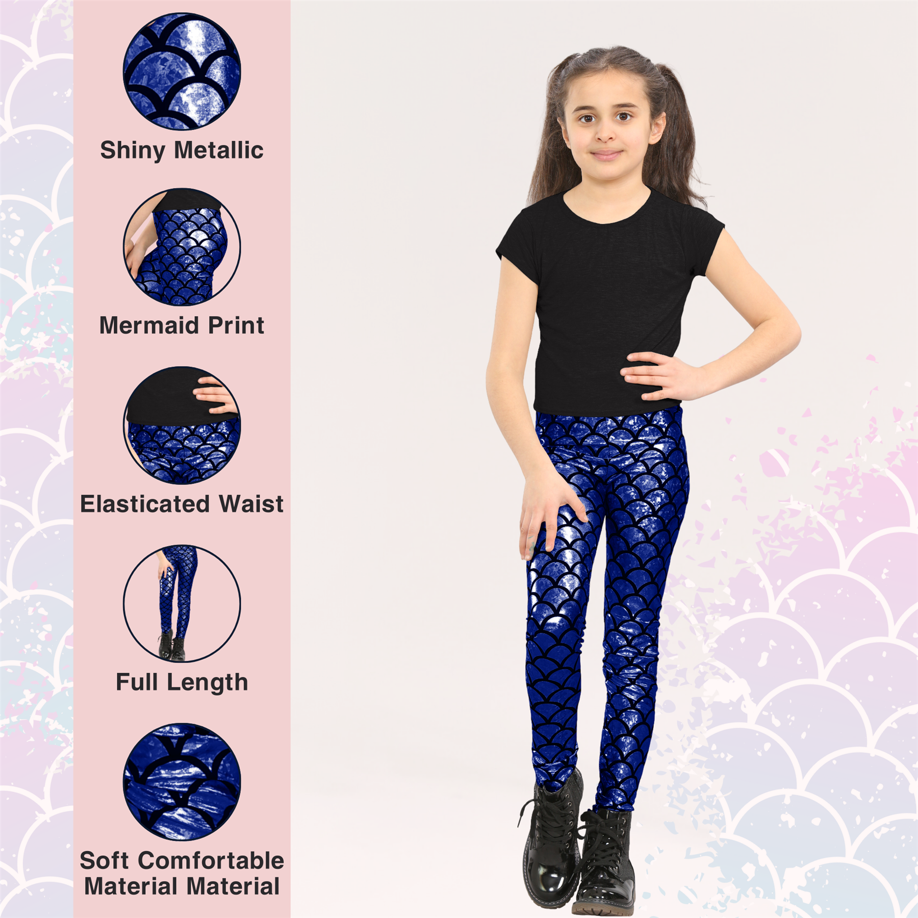 Girls Mermaid Leggings Kids Fish Scale Disco Skinny Shiny Metallic Trouser Pants - Picture 43 of 57