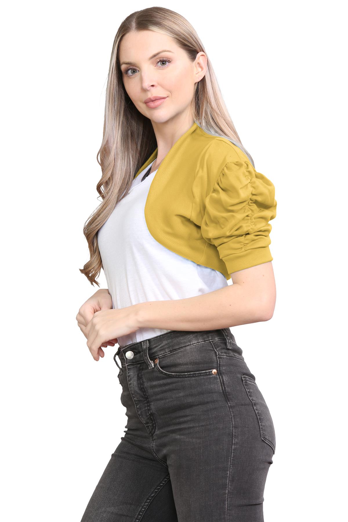 Womens Bolero Shrug Ruched Puff Sleeves Plain Open Cardigan Soft Cotton Crop Top - Picture 53 of 100