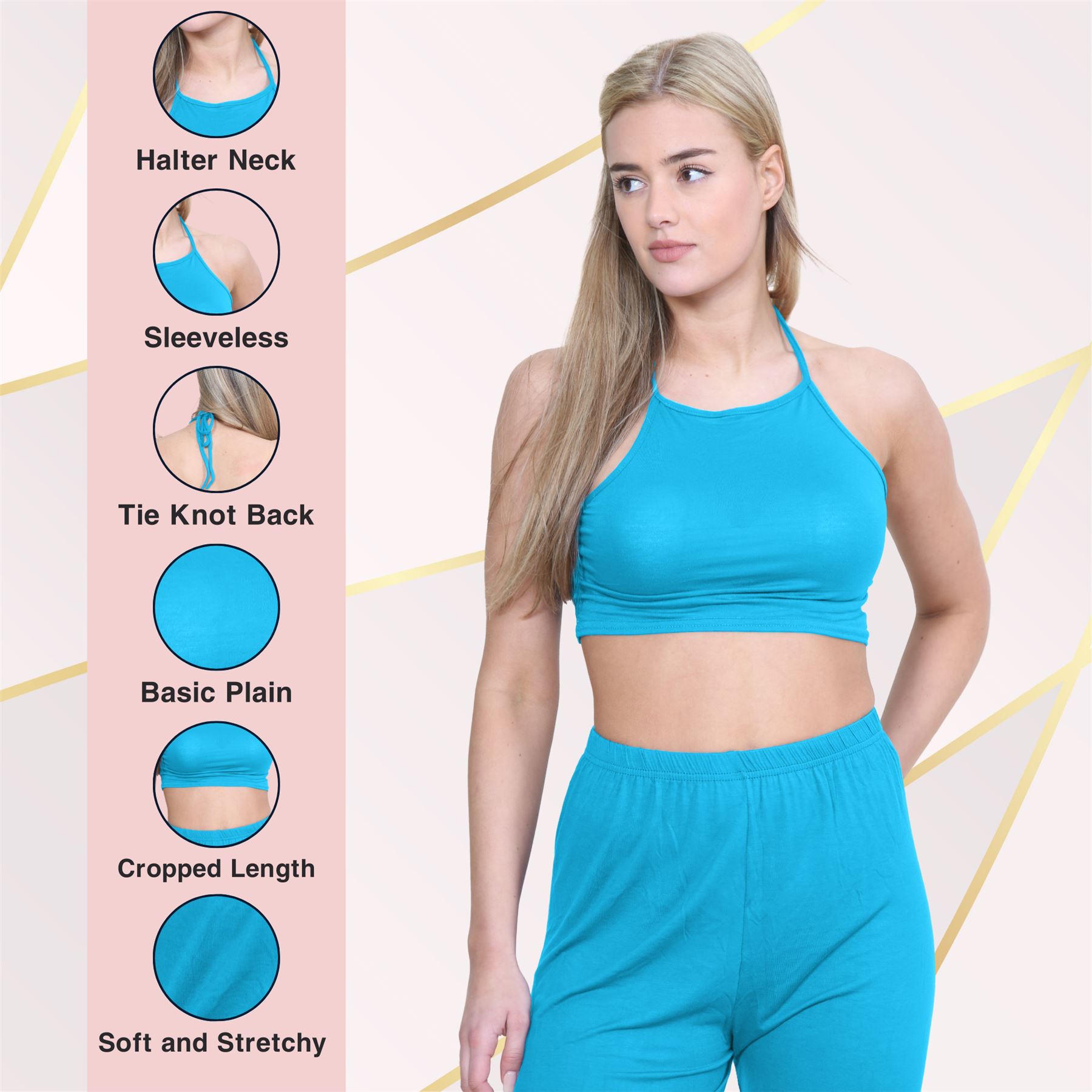 Halter Neck Crop Top Womens Vest Top Plain Tie Knot Top Basic Sleeveless T-Shirt - Picture 147 of 170