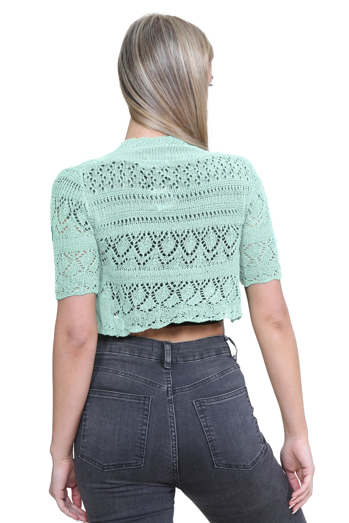 Womens Crochet Knitted Bolero Shrug Short Sleeve Open Front Cardigan Crop Top - Picture 88 of 186
