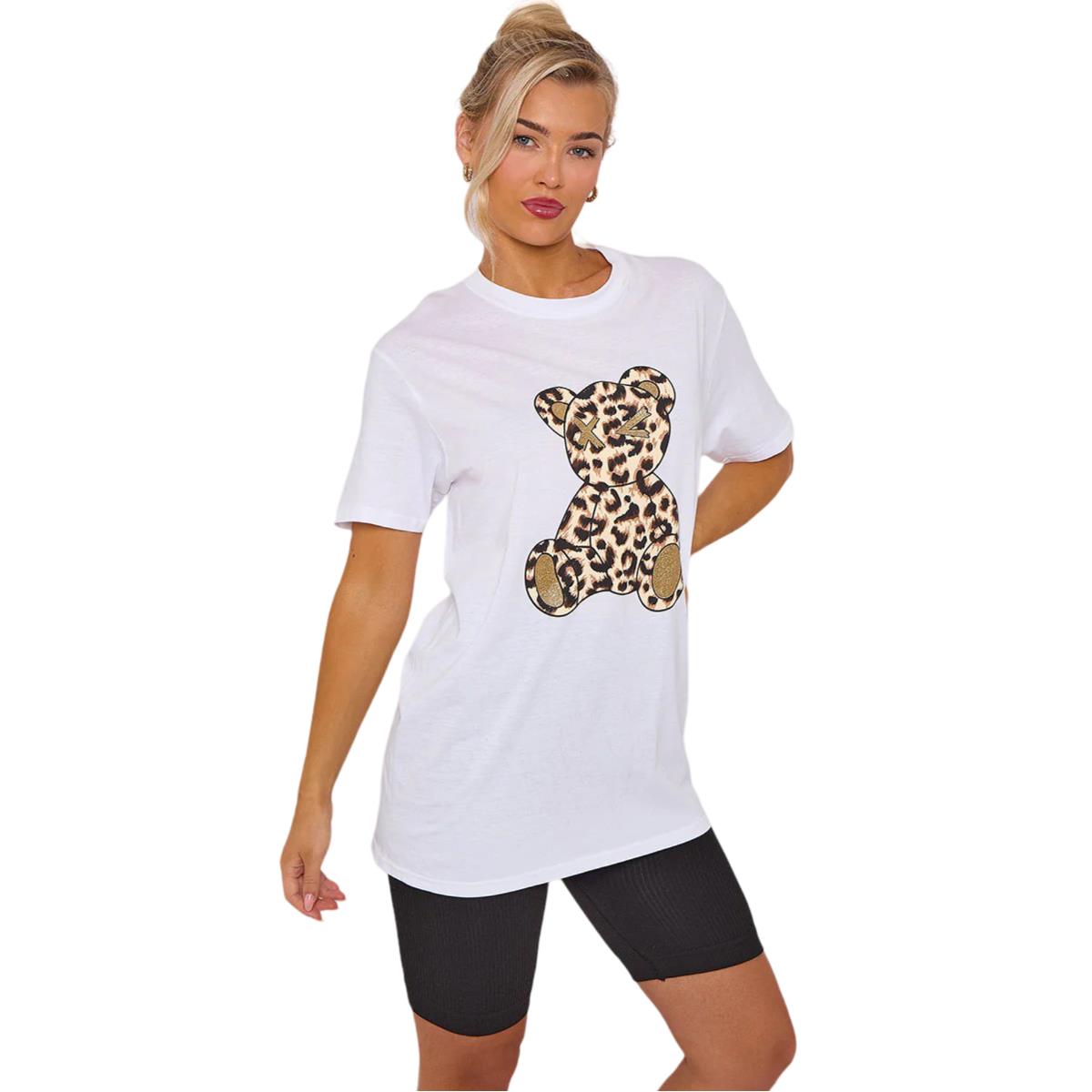 Camiseta de manga corta para damas con gráfico de peluche de leopardo informal holgada de gran tamaño - Imagen 8 de 11
