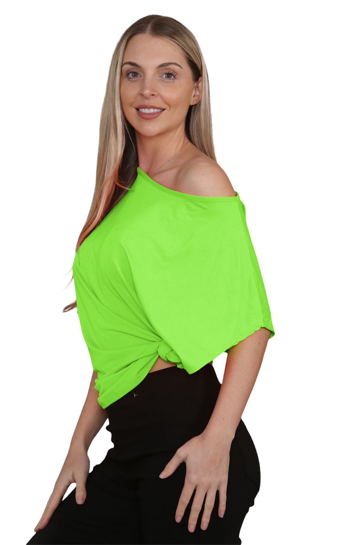 Womens Oversized T Shirt Top Short Sleeve Tie Knot Bardot Off Shoulder Crop Top - Picture 31 of 65