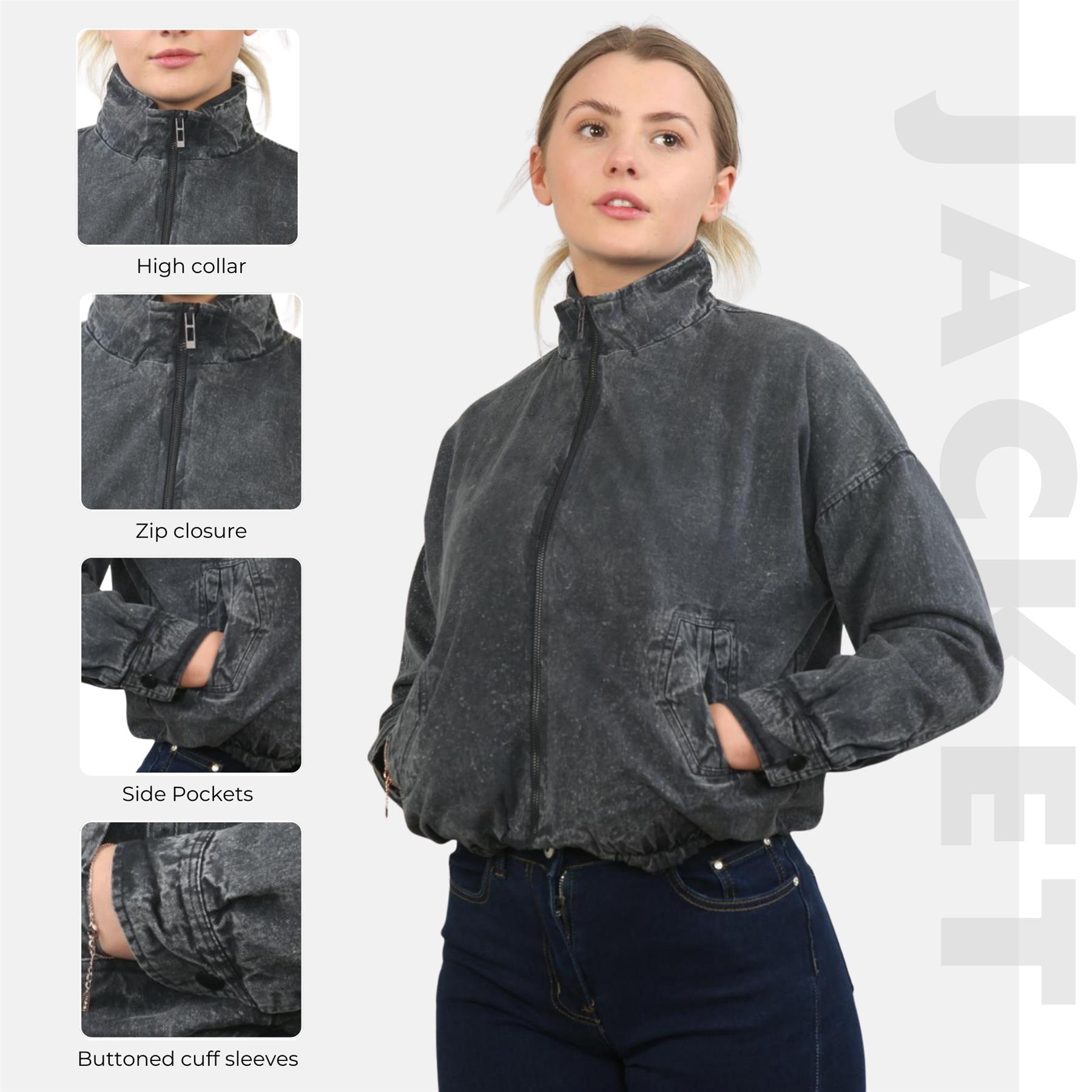 Damen-Bomberjacke Acid Washed lässig Reißverschlusskragen Oberbekleidung kurzer Wintermantel - Bild 6 von 18