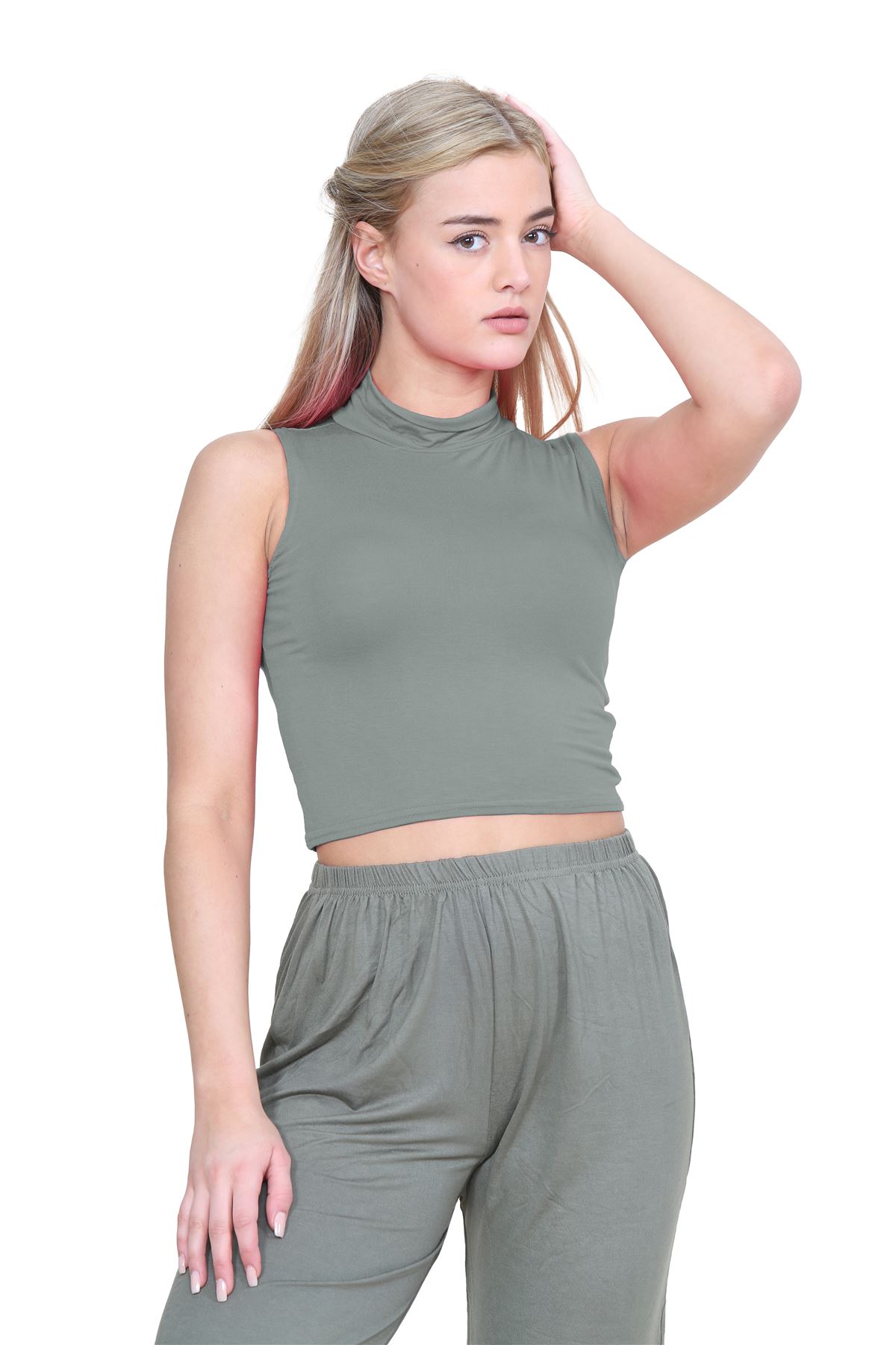 Womens Sleeveless Crop Top Ladies High Turtle Neck Plain Stretchy T-Shirt Vest - Picture 62 of 165