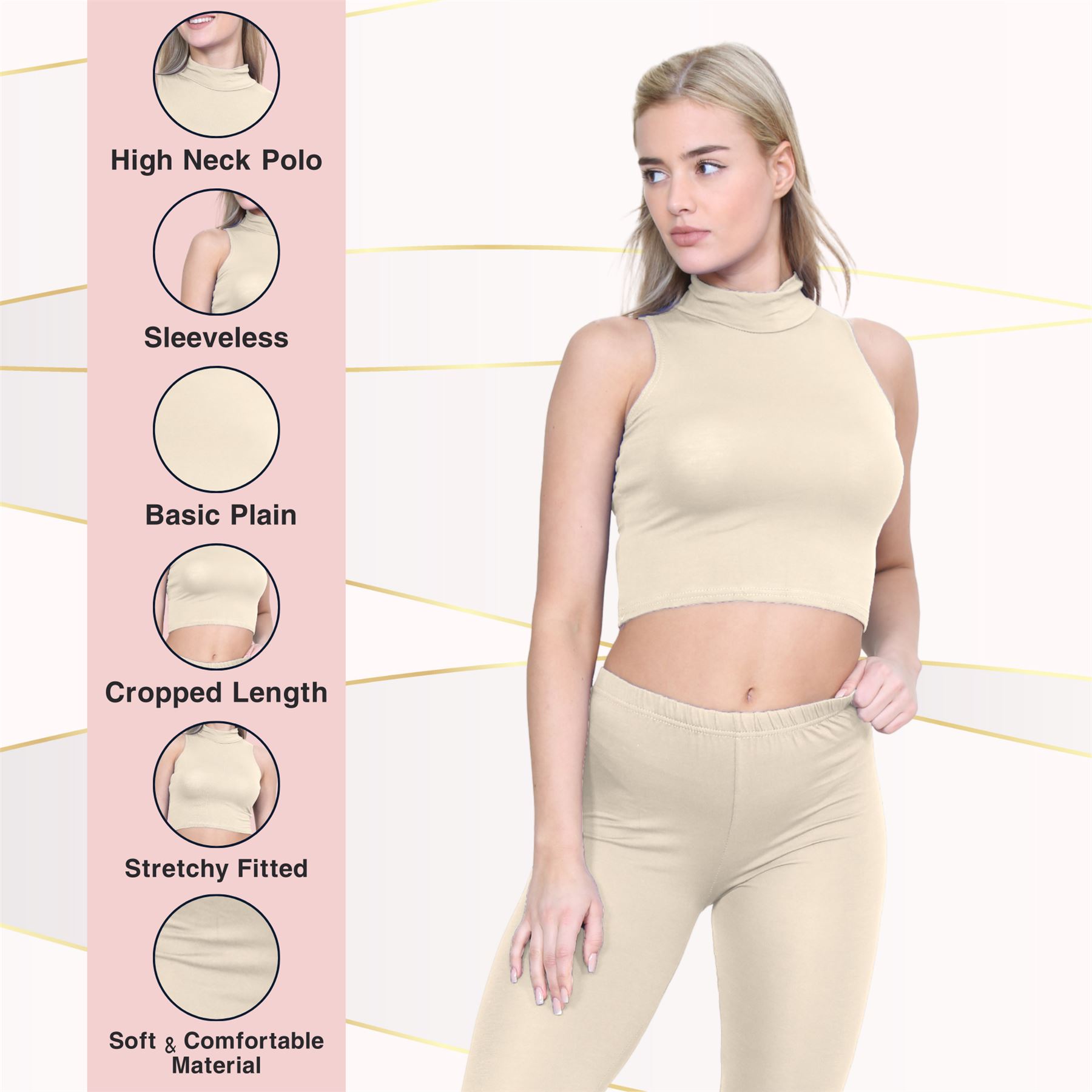 Womens Sleeveless Crop Top Ladies High Turtle Neck Plain Stretchy T-Shirt Vest - Picture 139 of 165