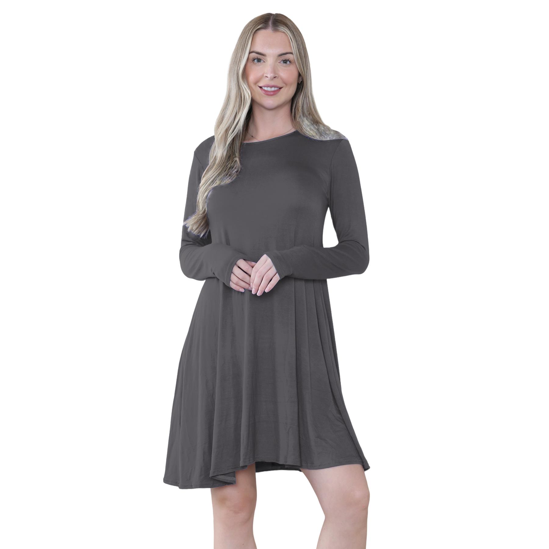 Damen Swing Kleid Uni Langarm Freizeit Ausgestellt A Linie Mini Oberteil Übergröße - Bild 23 von 100