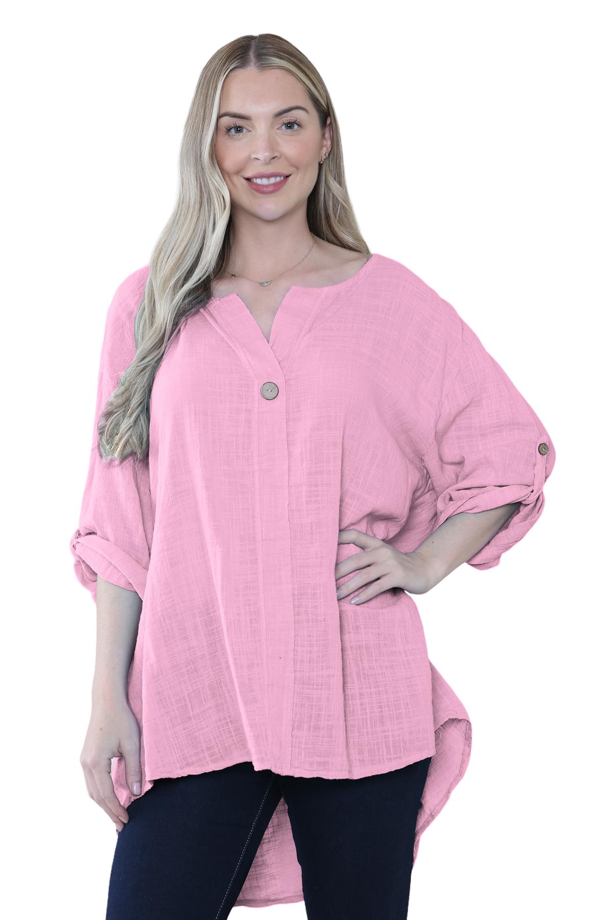 Camiseta informal lisa de lino y algodón con un botón de manga giratoria italiana para dama - Imagen 36 de 63
