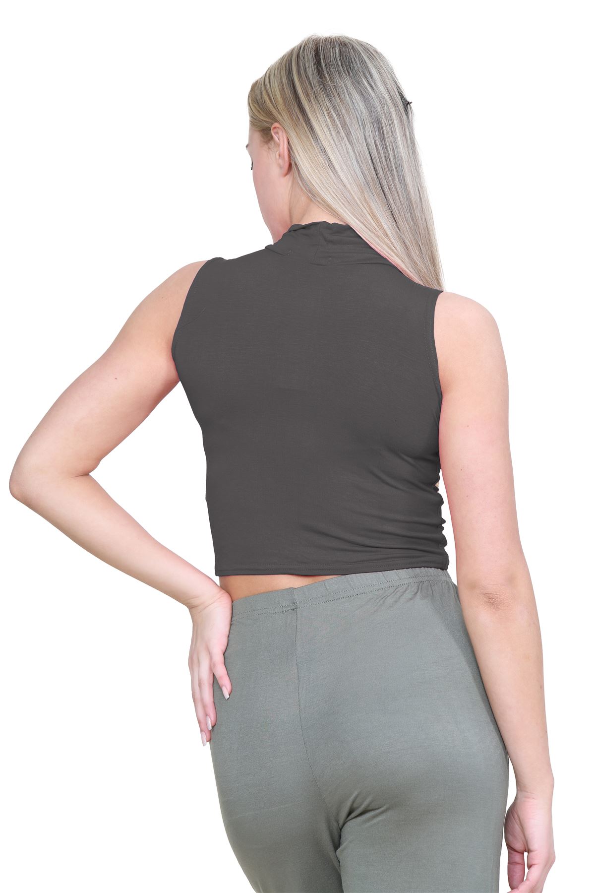 Womens Sleeveless Crop Top Ladies High Turtle Neck Plain Stretchy T-Shirt Vest - Picture 33 of 165