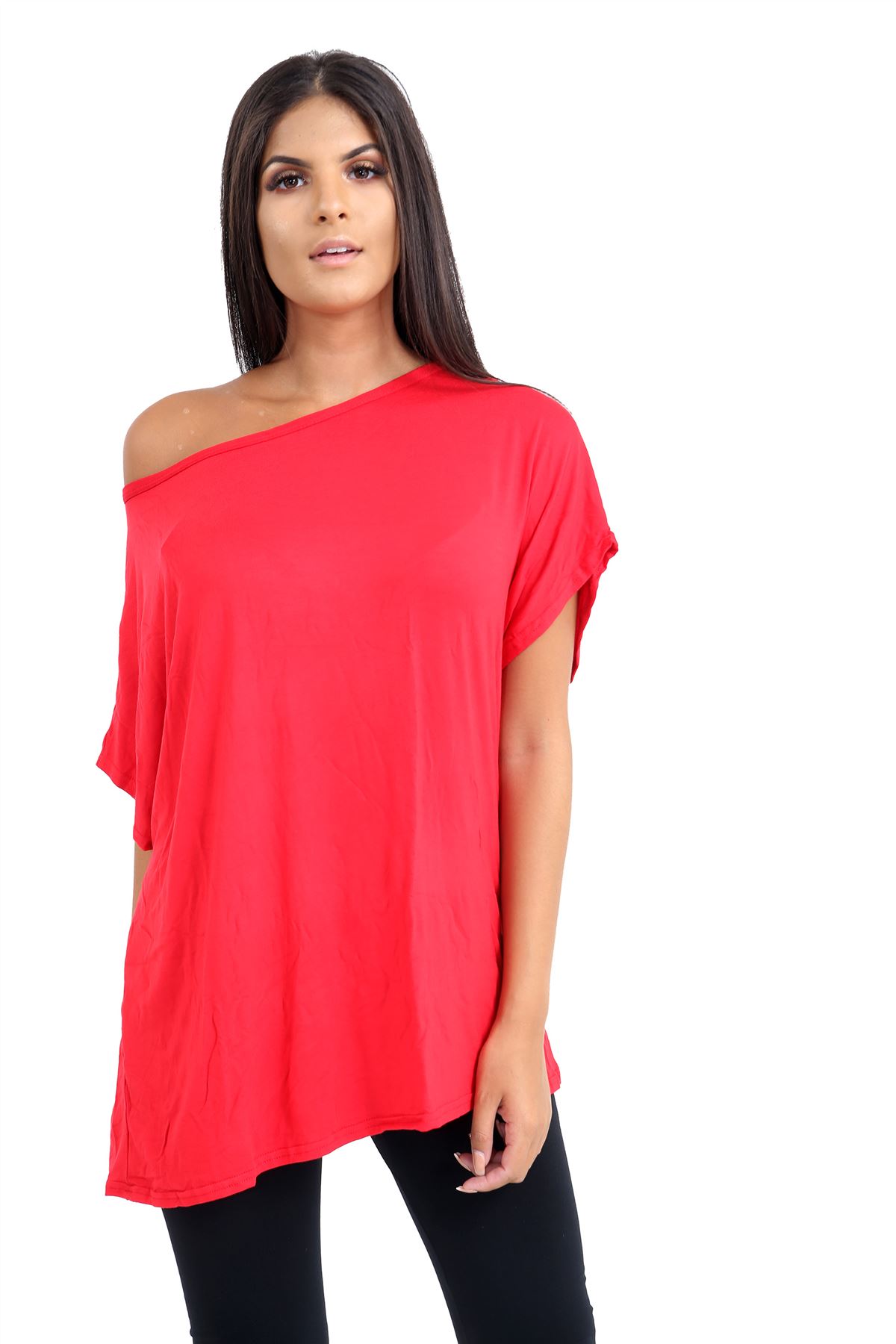 Schulterfreies Damen-T-Shirt Oberteil Fledermausärmel Oversize uni Freizeit Bardot Oberteil - Bild 148 von 225