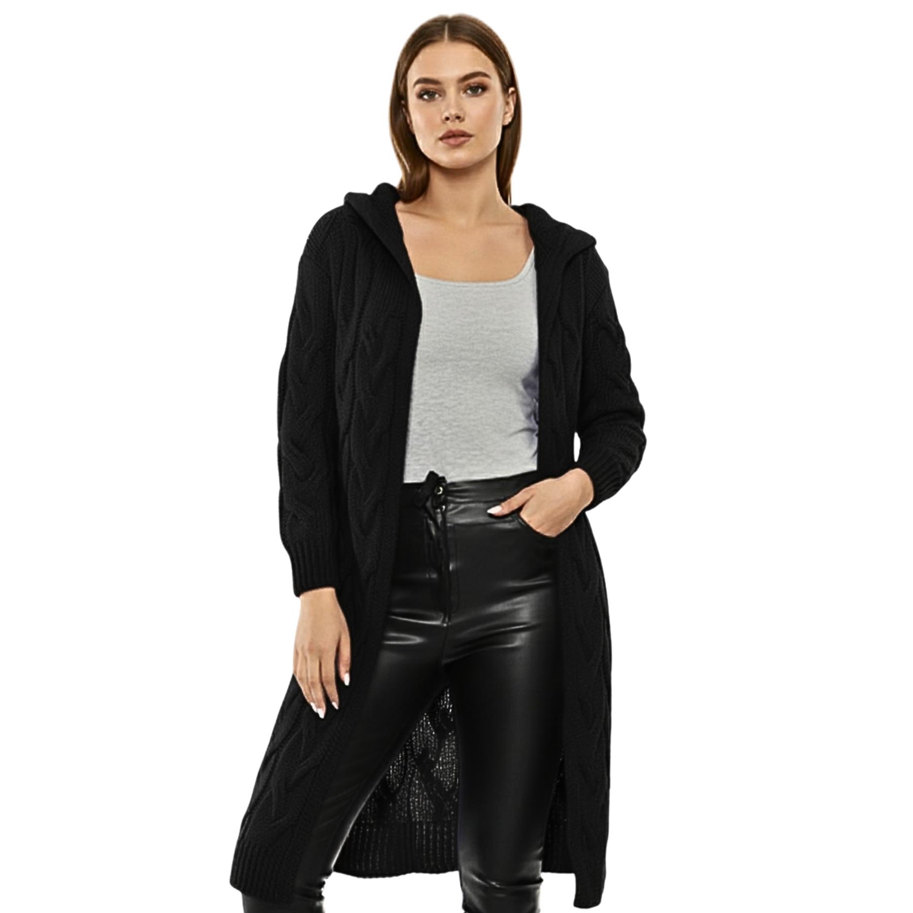 Womens Oversized Cardigan Longline Hooded Cable Knitted Open Front Long Sweater