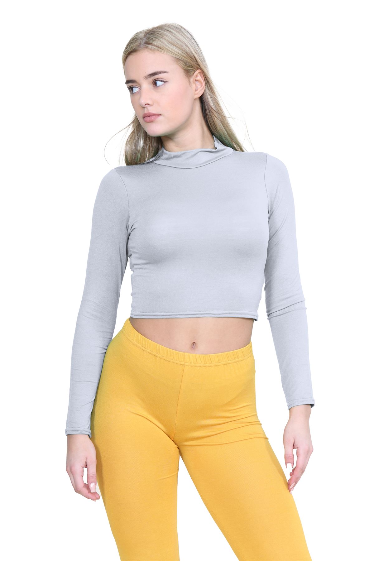 Turtle Neck Crop Top Womens Plain Long Sleeve Stretchy Basic Polo Neck T-Shirt - Picture 38 of 129