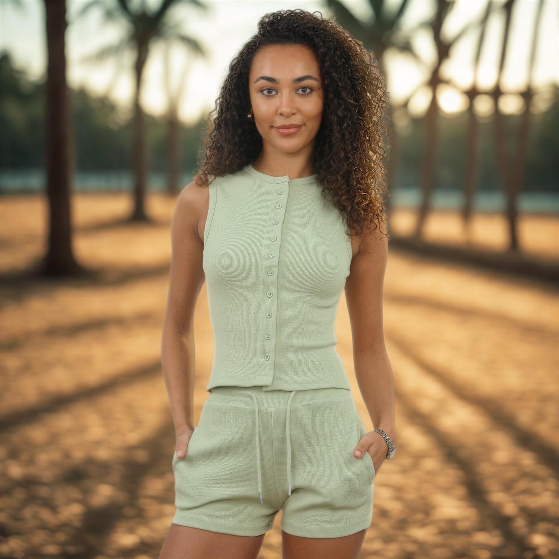Damen Gerippt Ärmellos Knopfleiste Crop Top und Kordelzug Shorts Loungewear Set - Bild 43 von 49