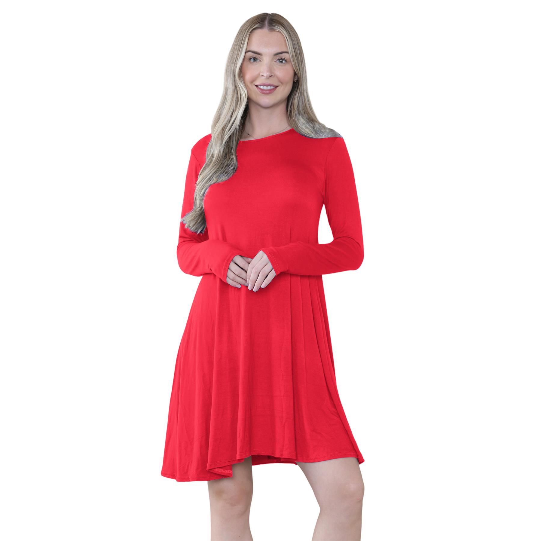 Damen Swing Kleid Uni Langarm Freizeit Ausgestellt A Linie Mini Oberteil Übergröße - Bild 71 von 100