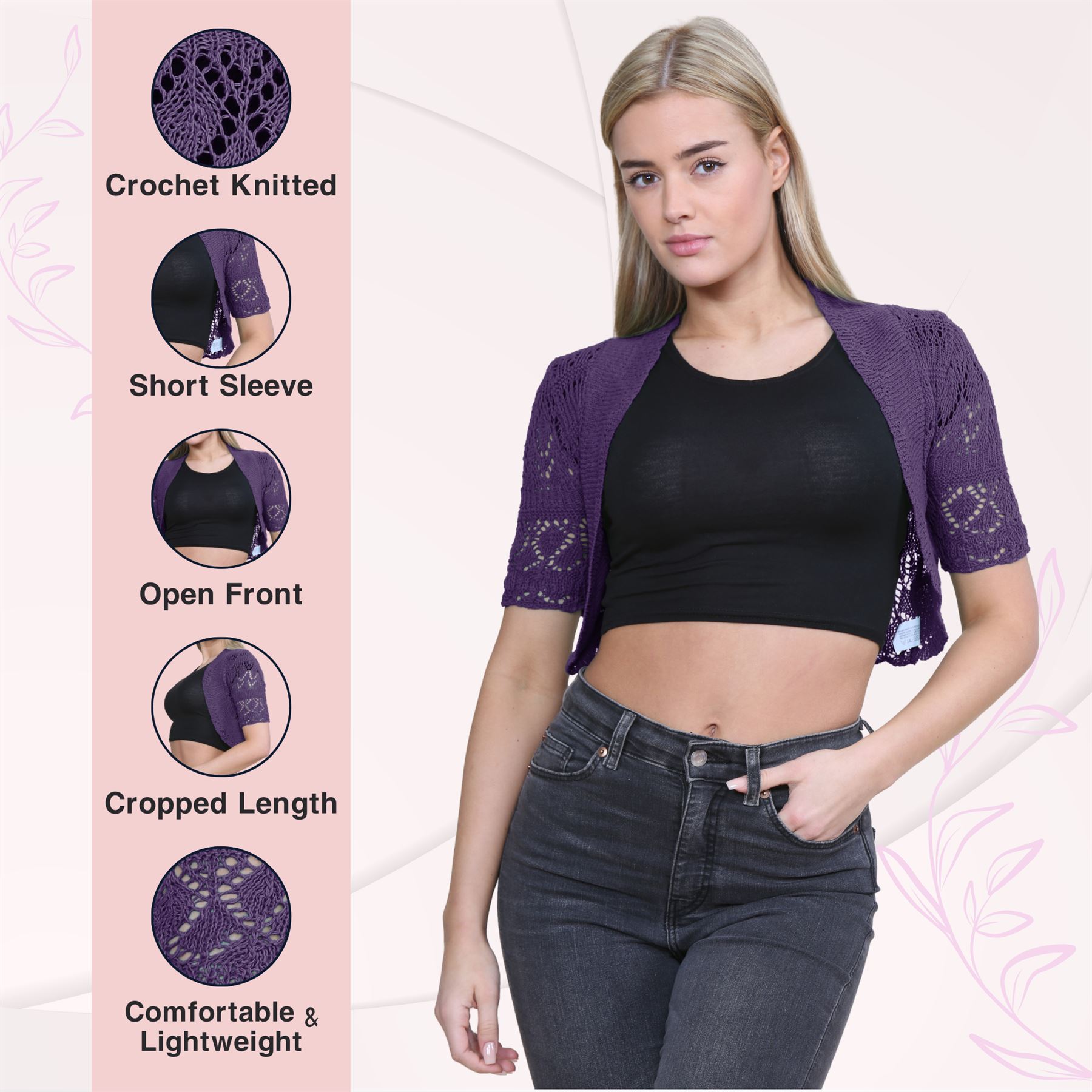 Womens Crochet Knitted Bolero Shrug Short Sleeve Open Front Cardigan Crop Top - Picture 125 of 186