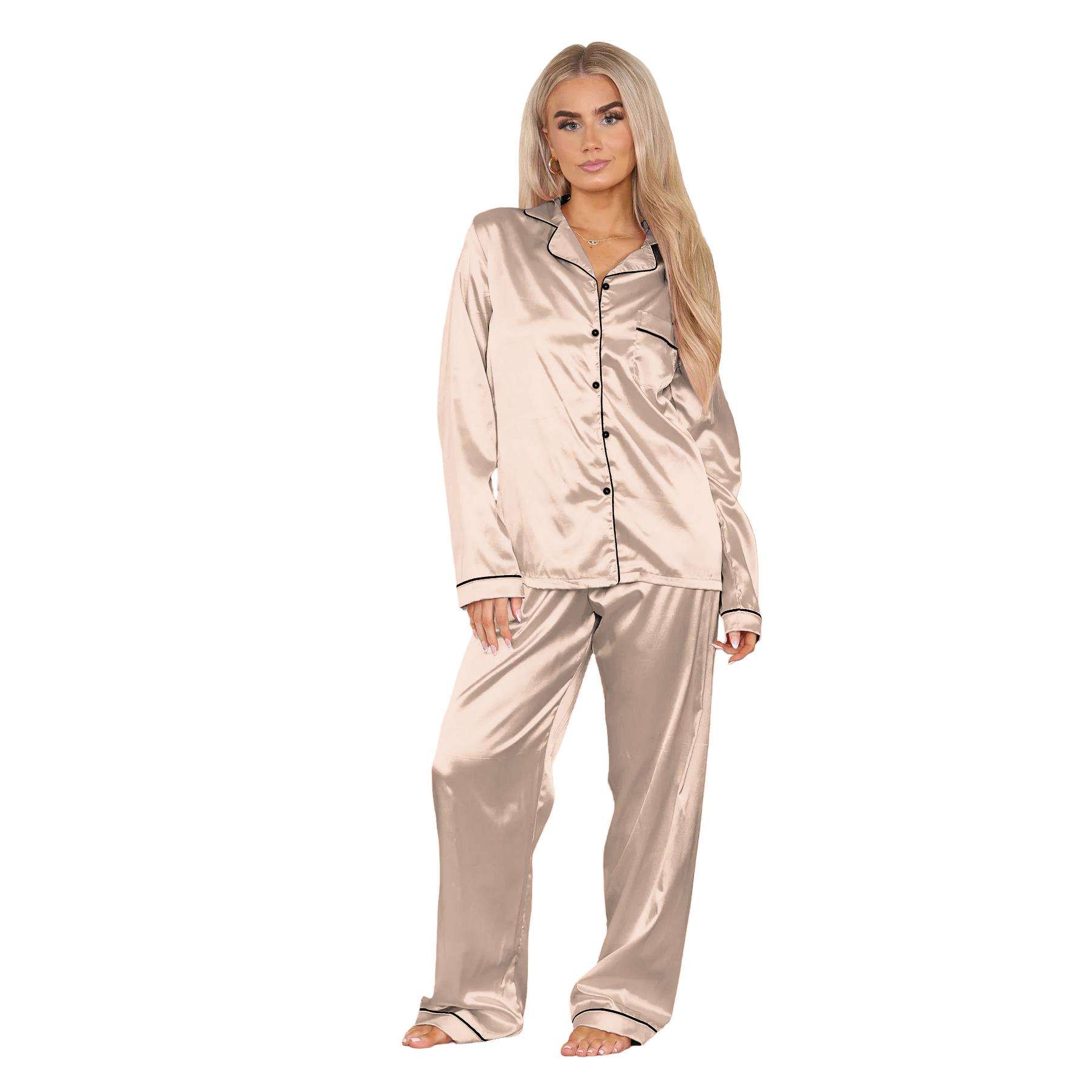 Conjunto de 2 piezas de pijama de satén de manga larga con botones camisa pantalón para damas - Imagen 38 de 43