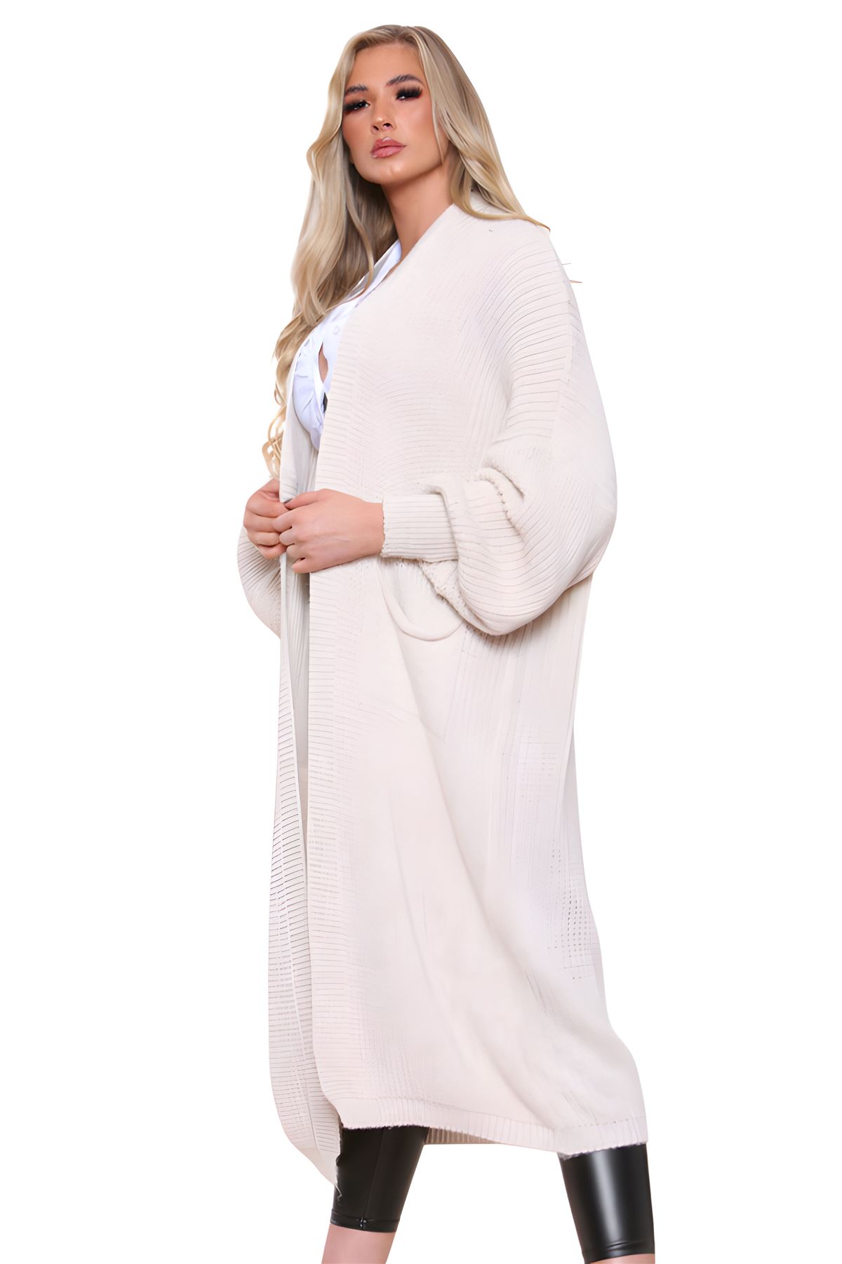 Ballonärmel Maxi Cardigan Damen übergroß gestrickt Winter Longline Pullover - Bild 116 von 134