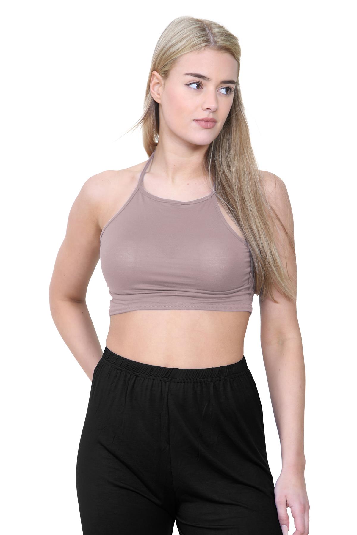 Halter Neck Crop Top Womens Vest Top Plain Tie Knot Top Basic Sleeveless T-Shirt - Picture 77 of 170