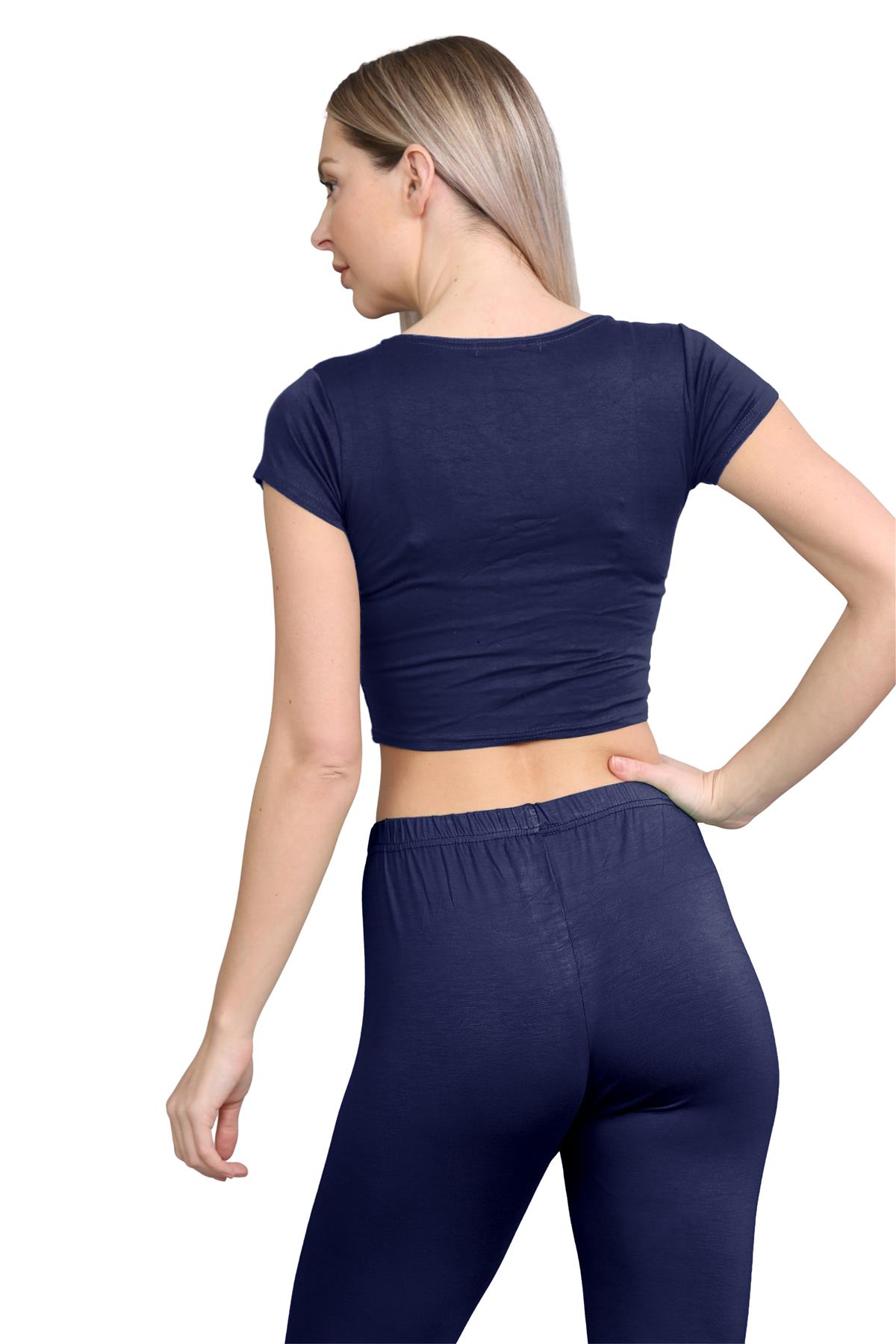 Damen Trainingsanzug Kurzarm Crop Top Sport Legging Workout Aktiv Lounge Set - Bild 81 von 148