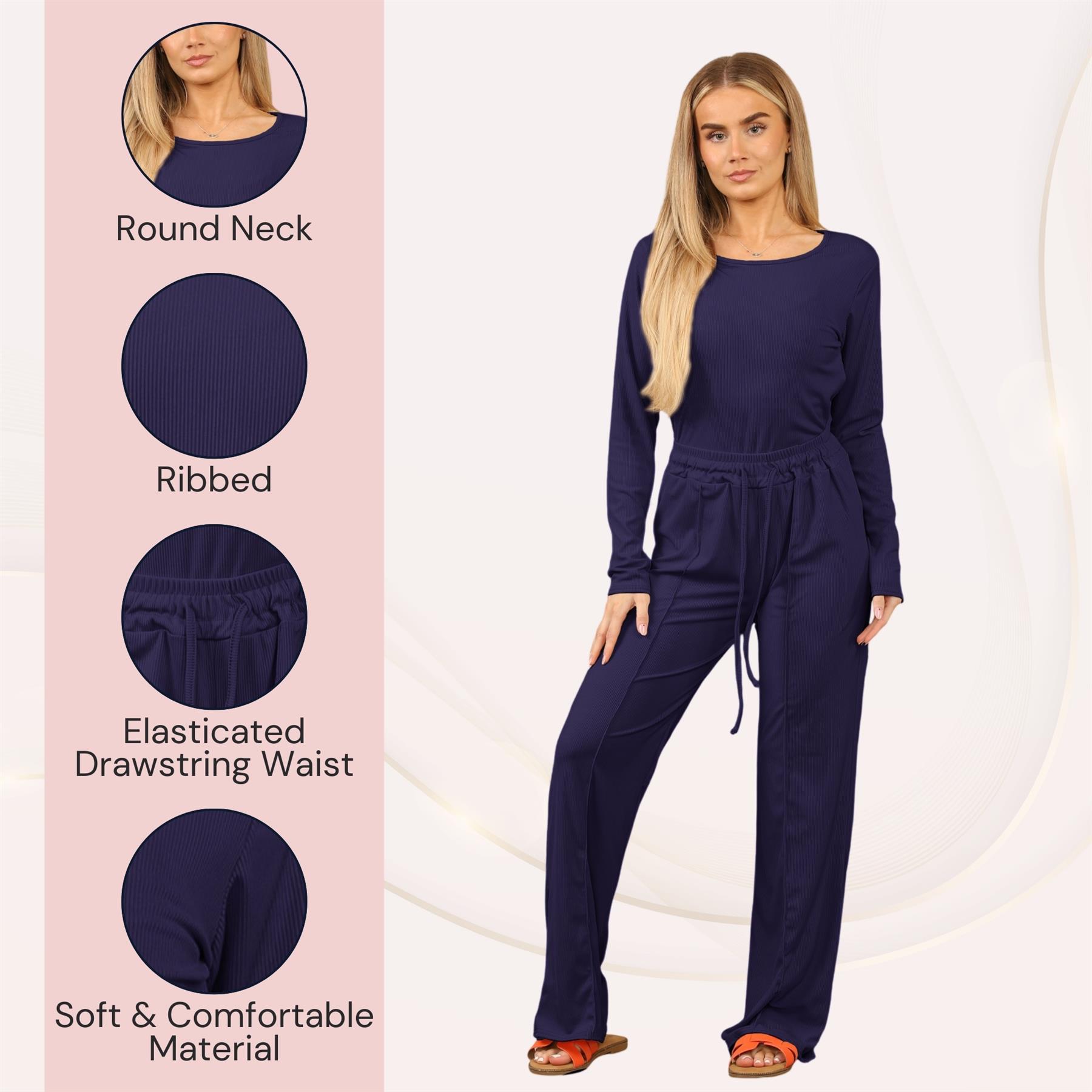 Conjunto de 2 piezas de body acanalado de pierna ancha para damas Chándal Co Ords Ropa de salón - Imagen 23 de 29