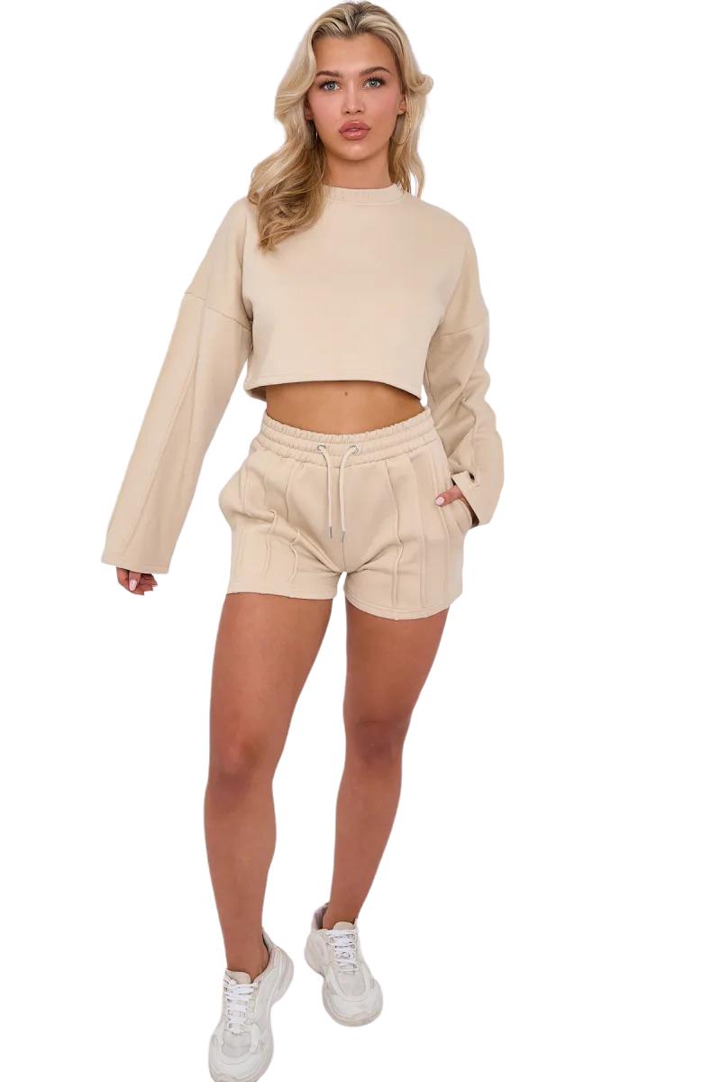 Womens Pleated Lined Crop Top Shorts Set 2 Pcs Co-ord Fleece Loungewear Suit - Picture 32 of 36