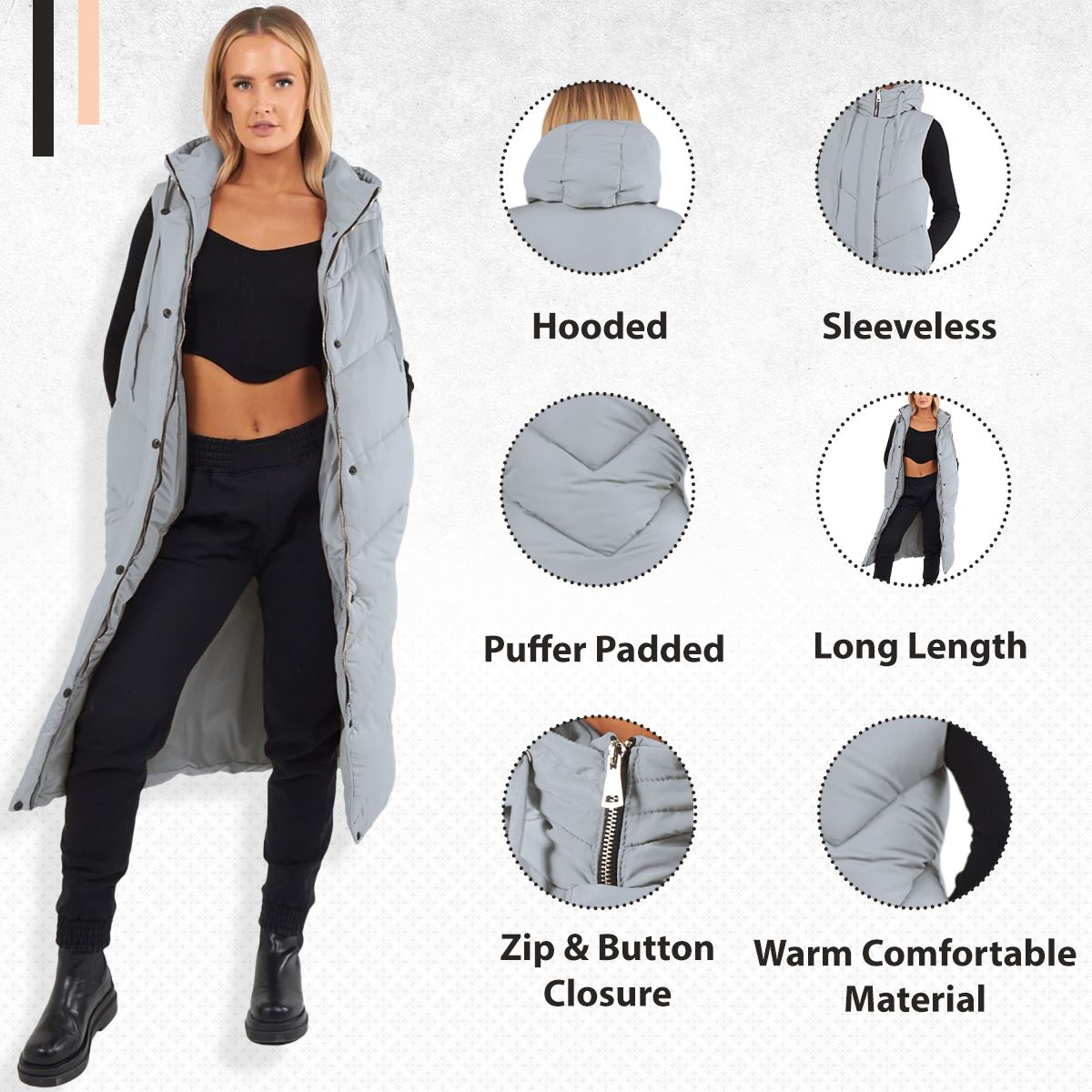 Abrigo de invierno largo acolchado sin mangas calentador de cuerpo con capucha con cremallera larga para mujer - Imagen 19 de 33