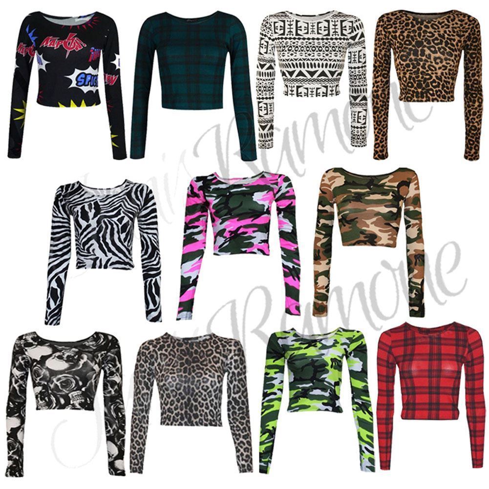 WOMENS LADIES LONG TARTAN CAMOUFLAGE ANIMAL PRINT LONG SLEEVE CROP TOP VEST 8-14