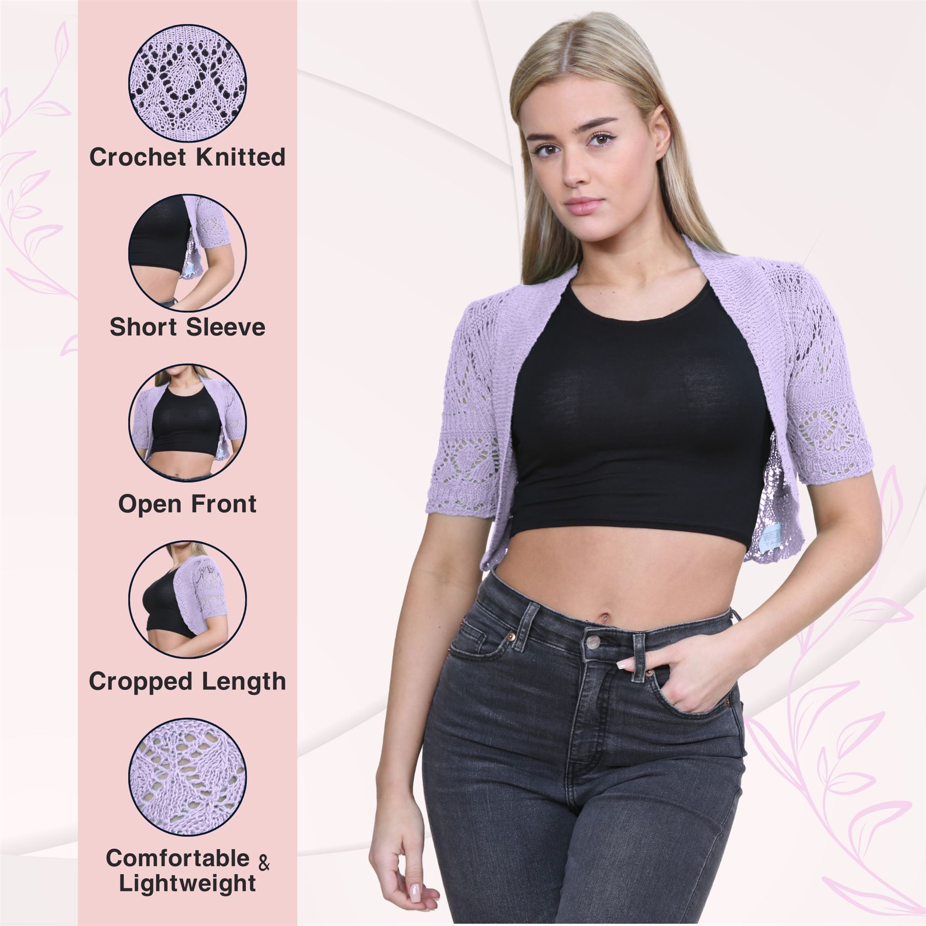 Womens Crochet Knitted Bolero Shrug Short Sleeve Open Front Cardigan Crop Top - Picture 77 of 186