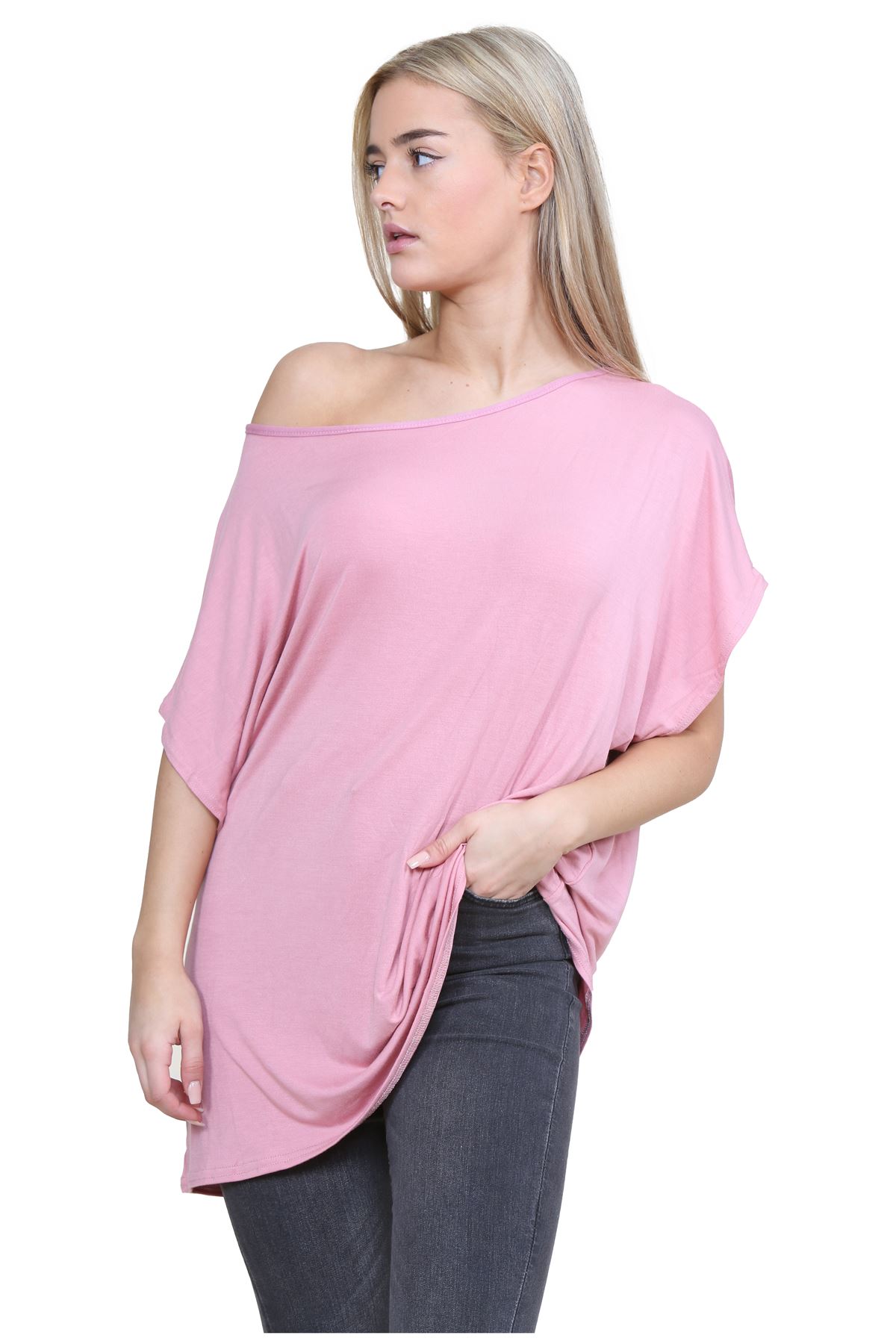 Schulterfreies Damen-T-Shirt Oberteil Fledermausärmel Oversize uni Freizeit Bardot Oberteil - Bild 137 von 225