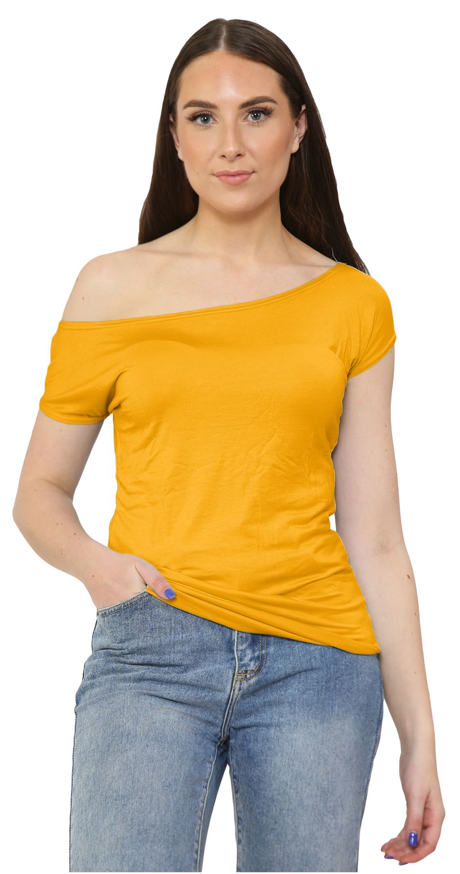 Nuevo Damas Mangas Cortas Hombro Liso Elastizado Calce Ajustado Bardot Camiseta Prenda para el torso - Imagen 17 de 58
