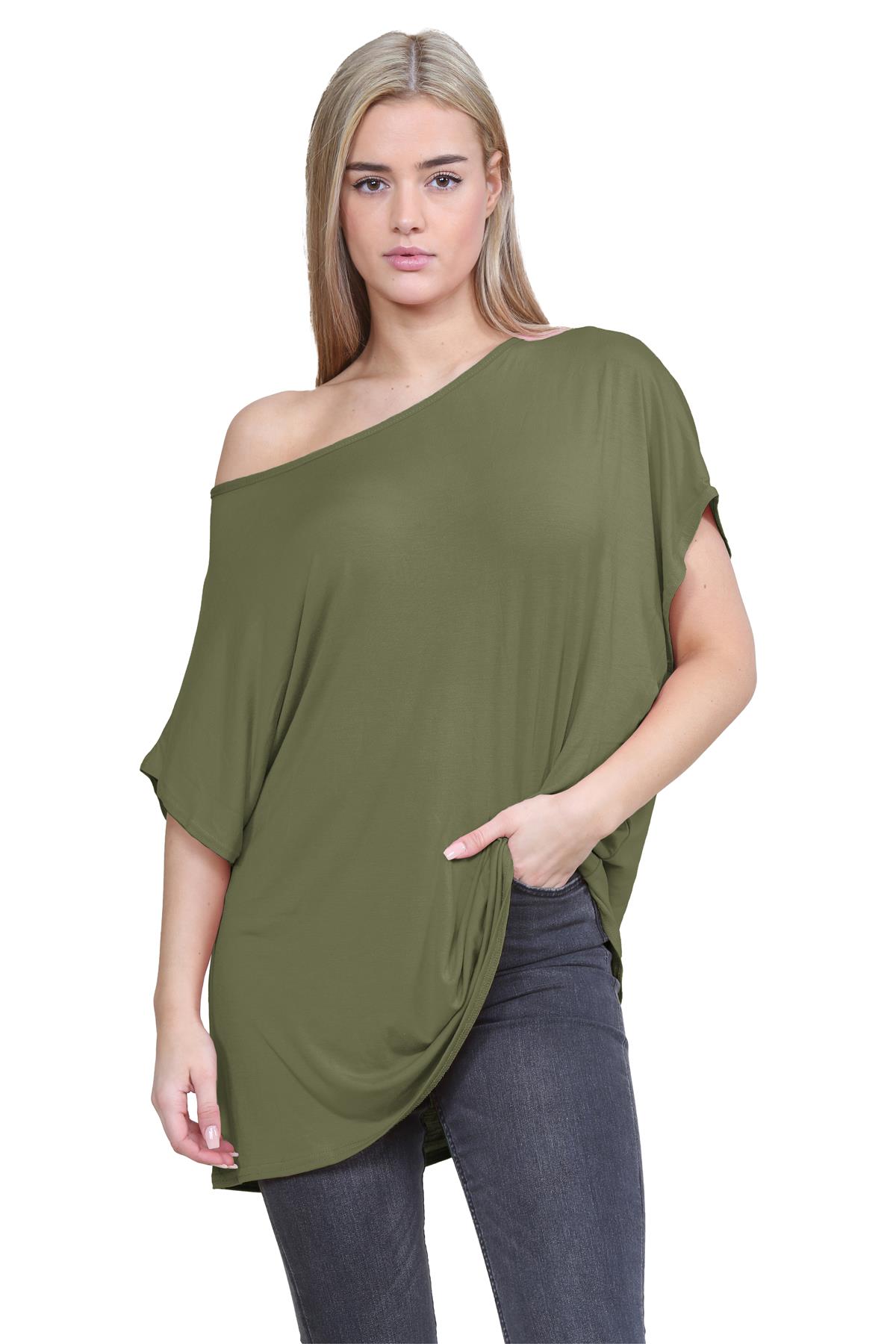 Schulterfreies Damen-T-Shirt Oberteil Fledermausärmel Oversize uni Freizeit Bardot Oberteil - Bild 70 von 225