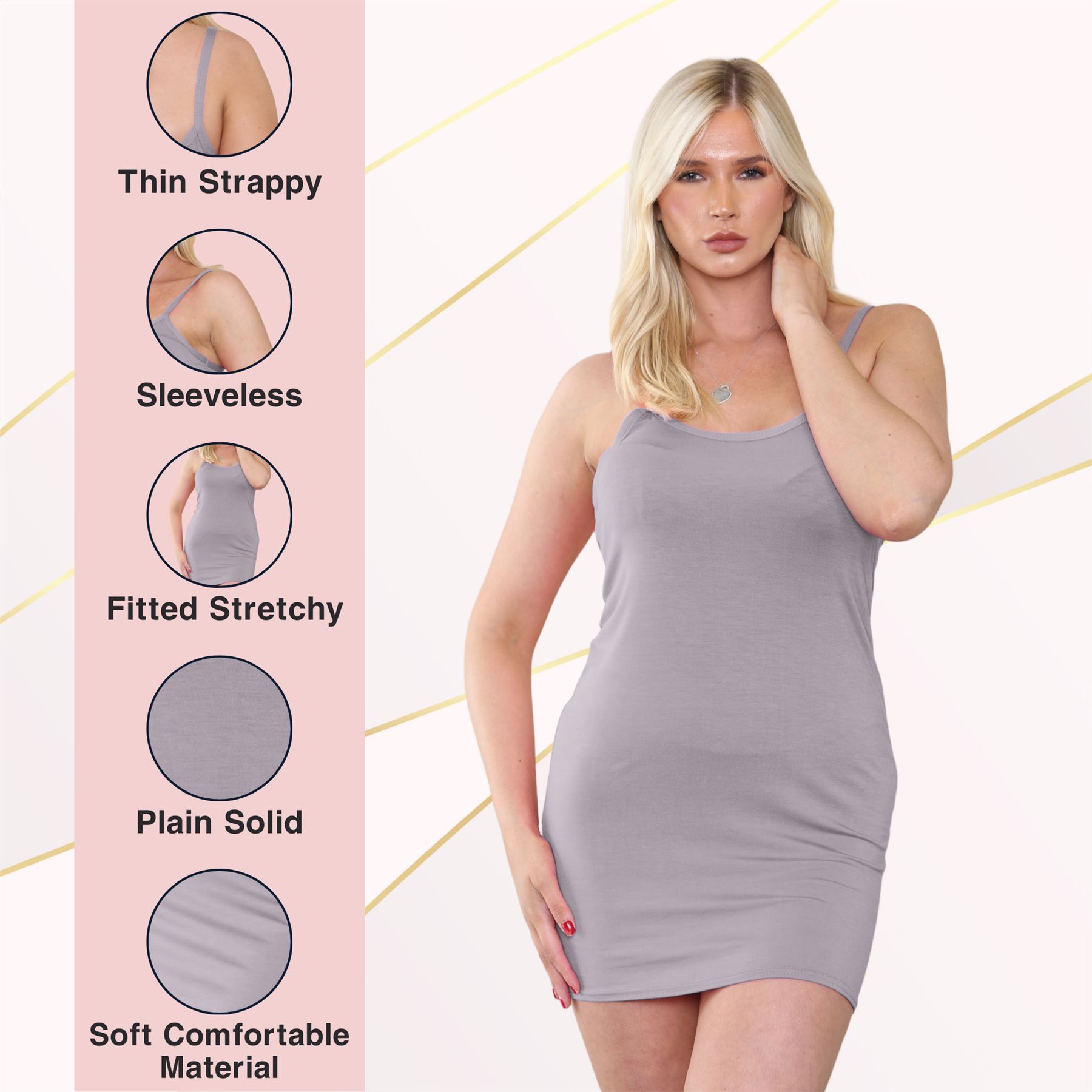Womens Cami Bodycon Mini Dress Plain Strappy Vest Summer Tank Top Mini Dress - Picture 62 of 127
