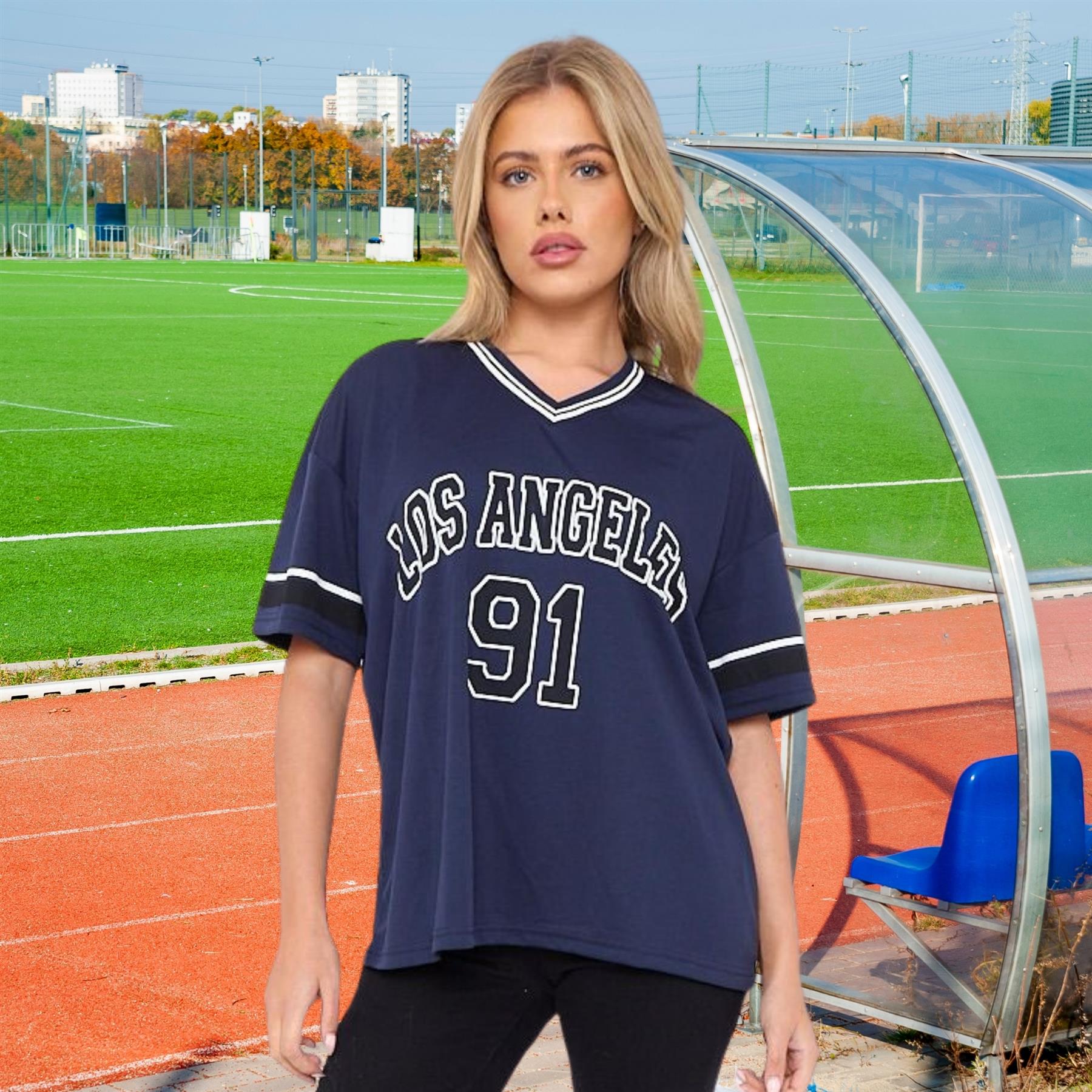 Camiseta de mujer de gran tamaño cuello en V LA 91 fútbol americano universitario holgada verano top - Imagen 28 de 50